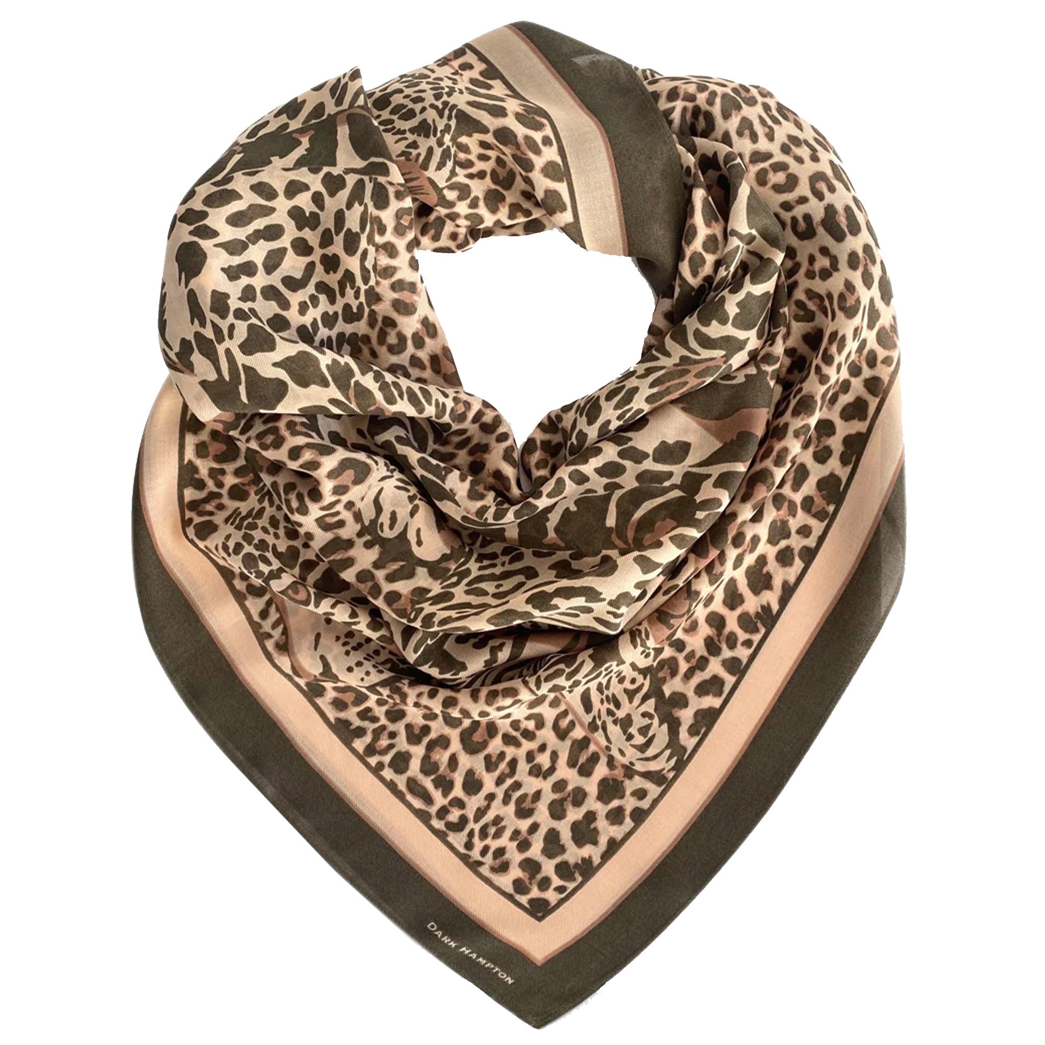 Leopard print scarf with green border on a white background