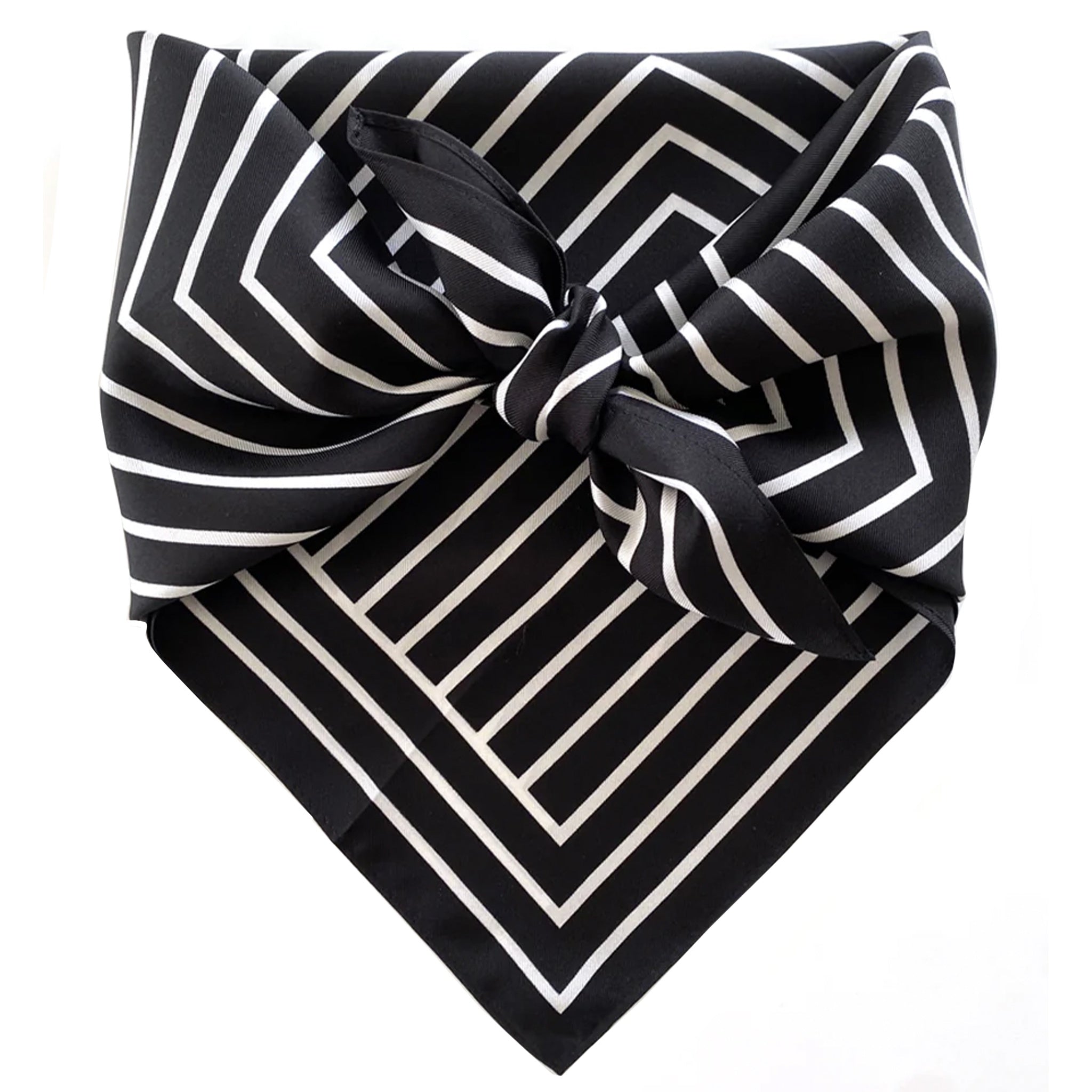 Black and white striped scarf with a knot on a white background