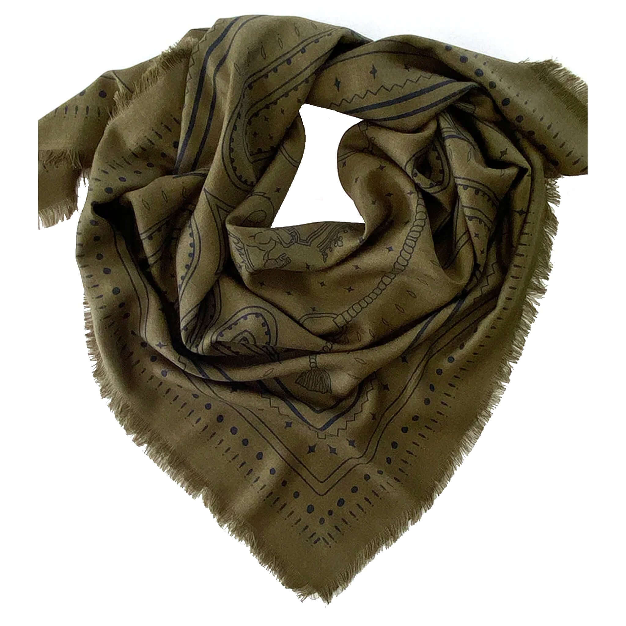 Dark Hampton x Ellie Compton the Yorke Wool Silk Scarf in olive and black intricate design.