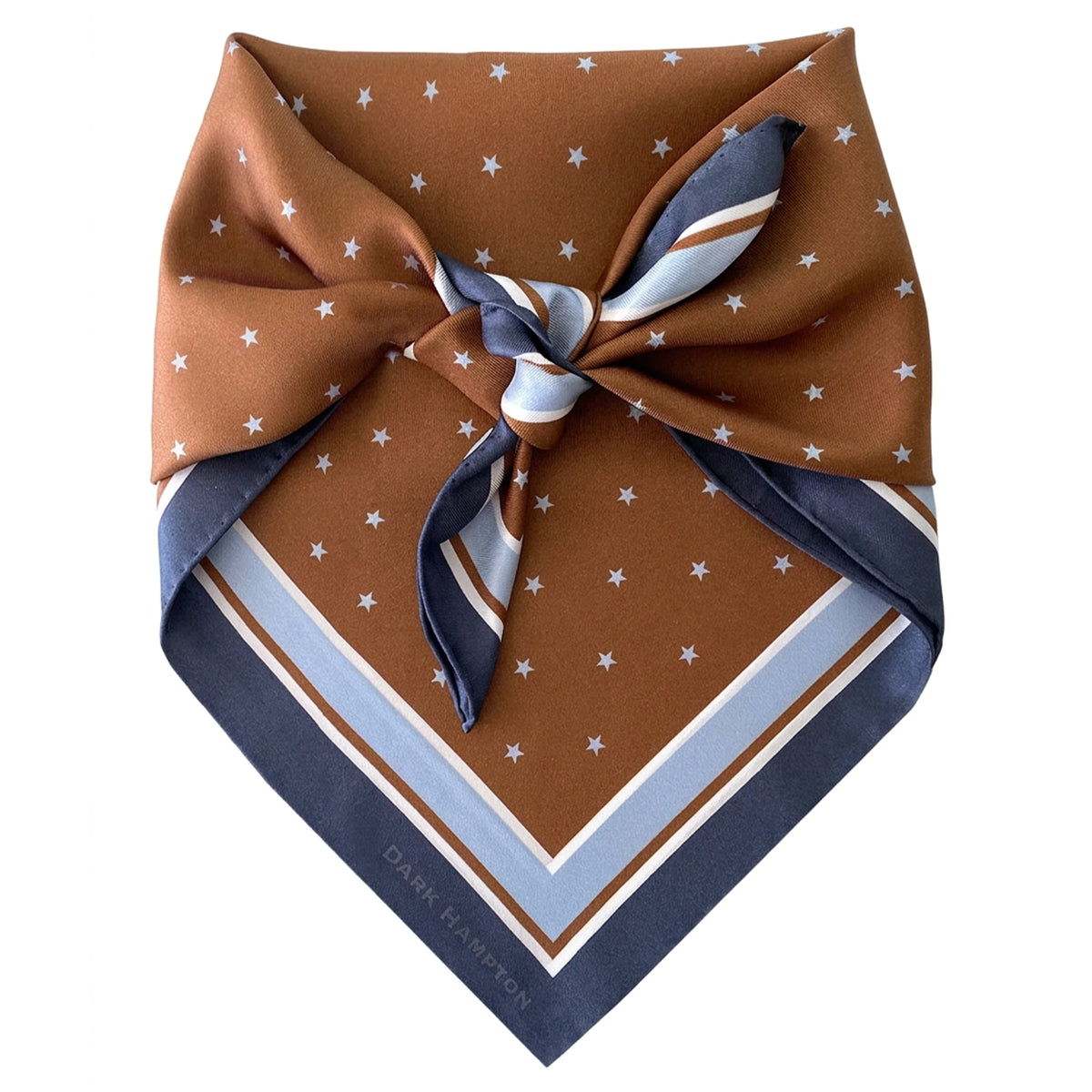 Dark Hampton Petite Silk Scarf - the Borey, knotted caramel silk bandana with white stars and navy and blue stripe border