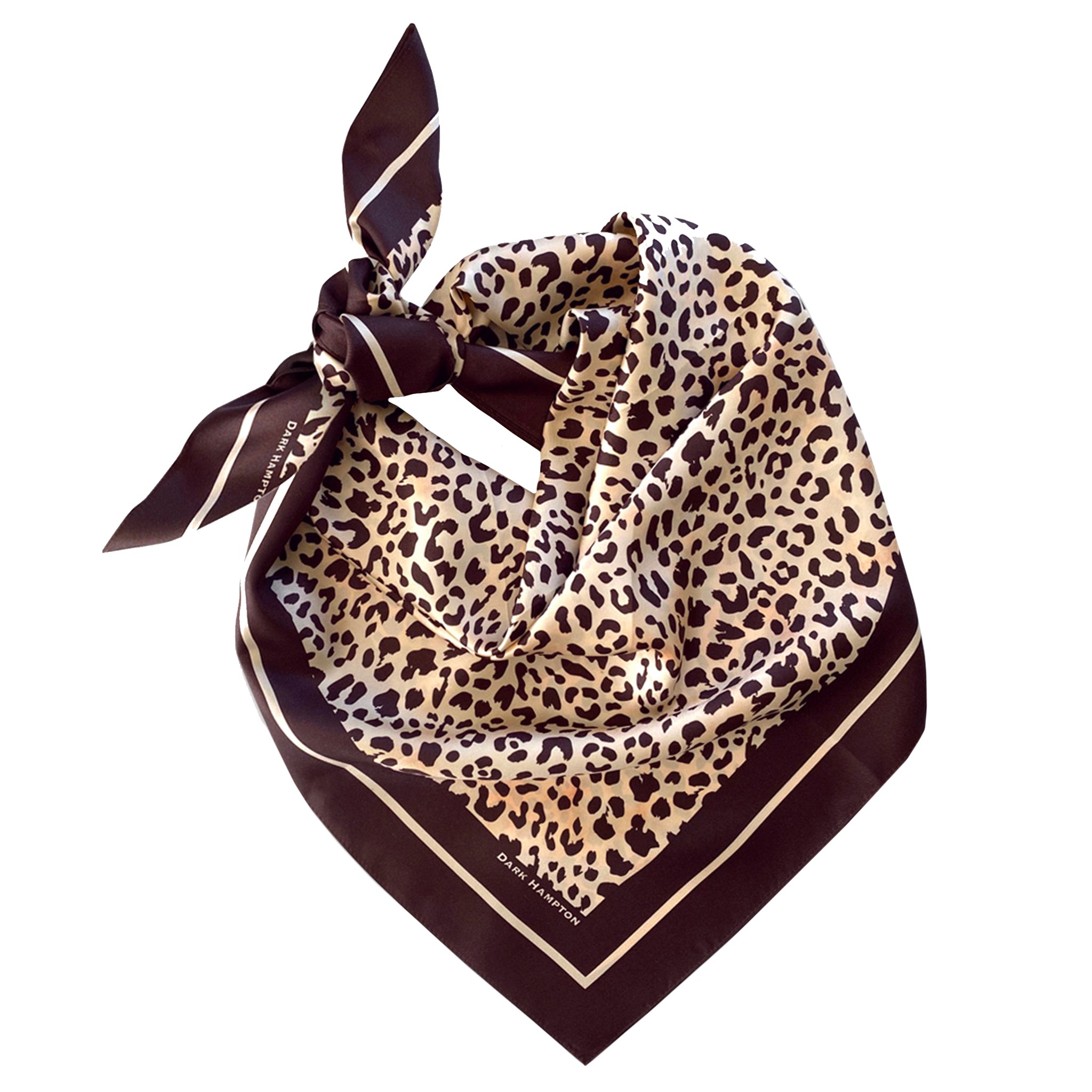 Leopard print scarf with brown border on a white background
