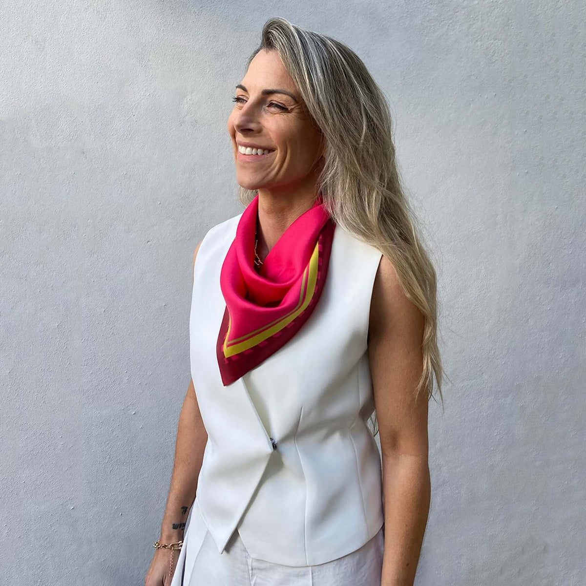 Dark Hampton Petite Silk Scarf - the Carter elegantly styled in raspberry with chartreuse border.