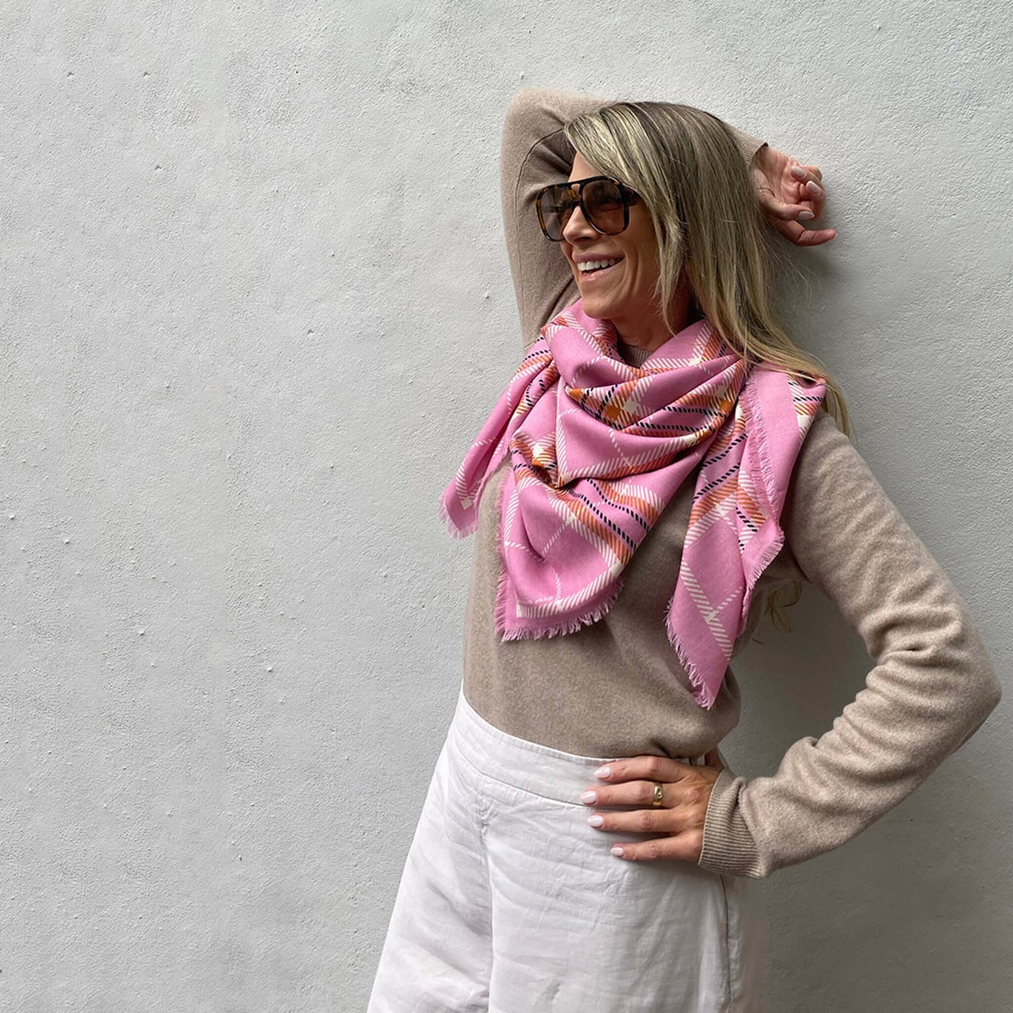 Dark Hampton the McRae Wool Silk Scarf styled elegantly with a soft sweater against a neutral backdrop.