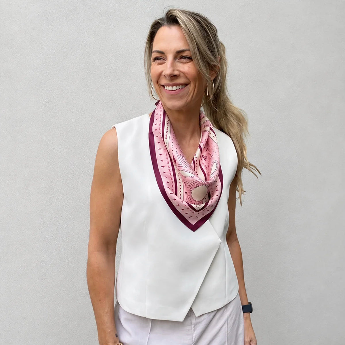 Dark Hampton x Ellie Compton Petite Silk Scarf - Wilkinson tied at the neck on model in a white vest