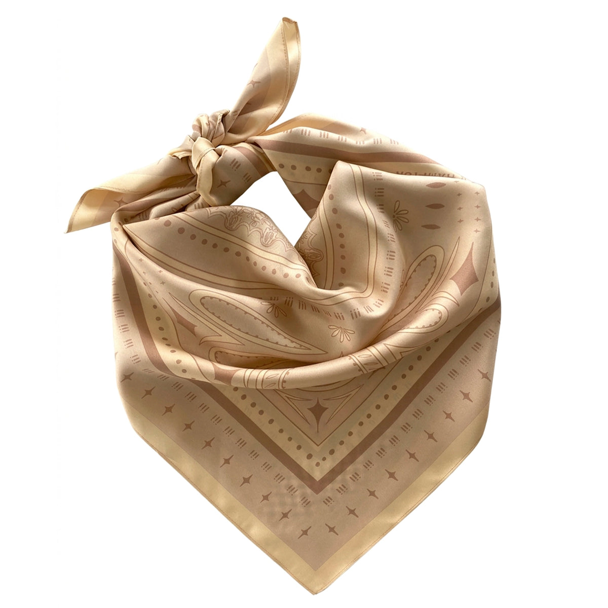 Dark Hampton x Ellie Compton Silk Scarf - the Burnett, folded and knotted cream and tan silk square with linework print