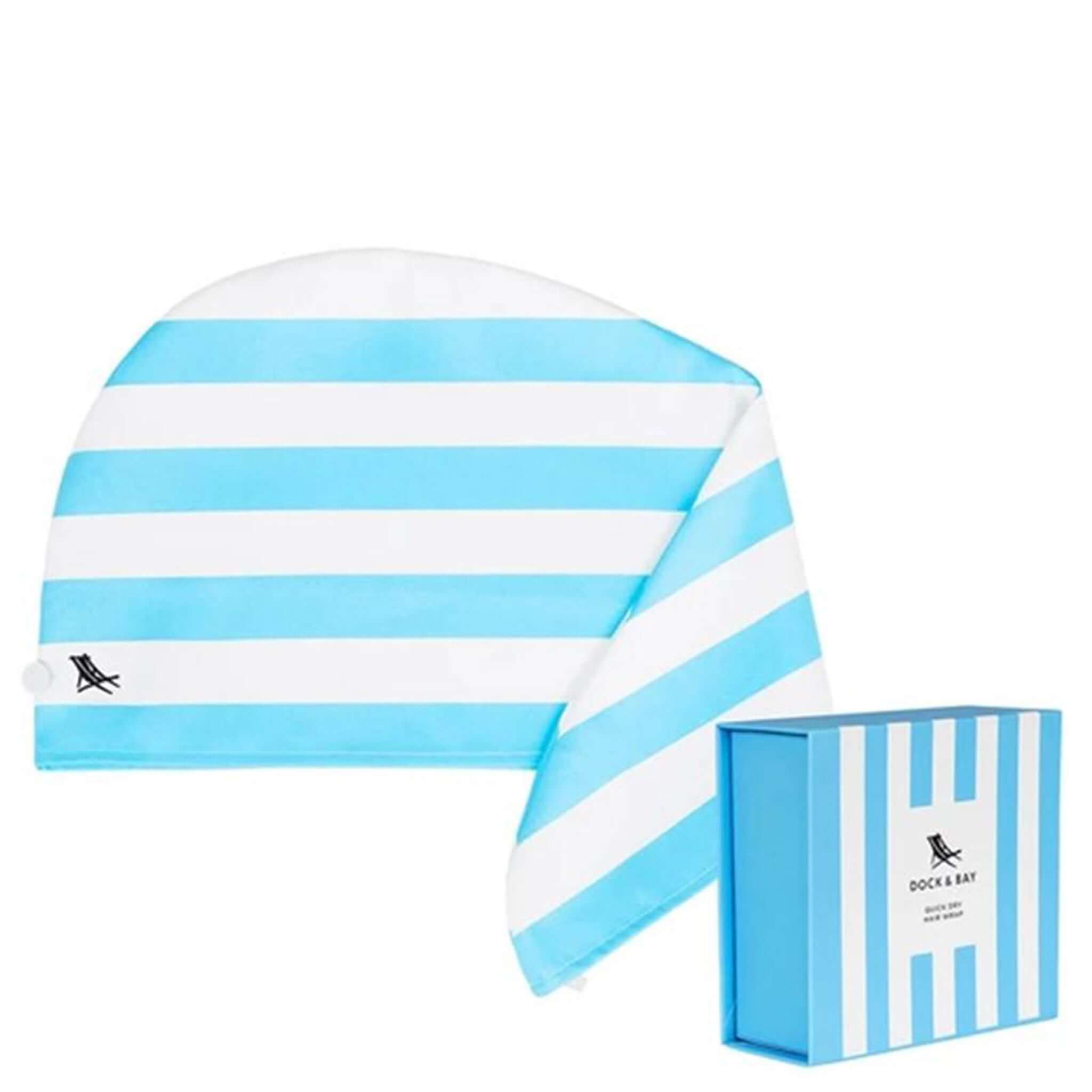 Alt Tag: Dock & Bay Cabana Collection Hair Wrap - Tulum Blue quick-dry striped hair turban towel wrap with compact storage box