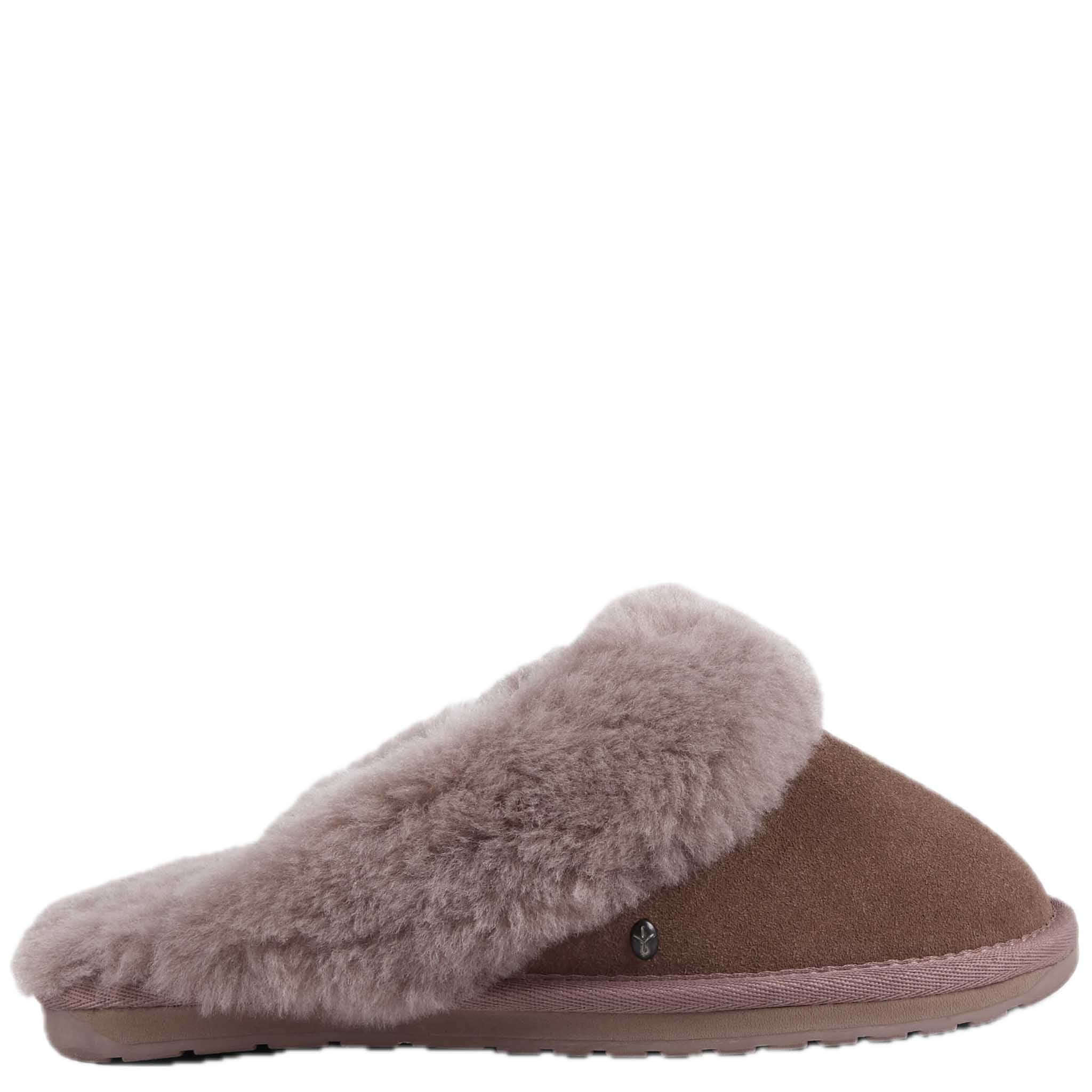 Alt Tag: EMU Jolie Slippers - Mocha women’s suede mule slippers with plush sheepskin lining and dual layer indoor outdoor outsole