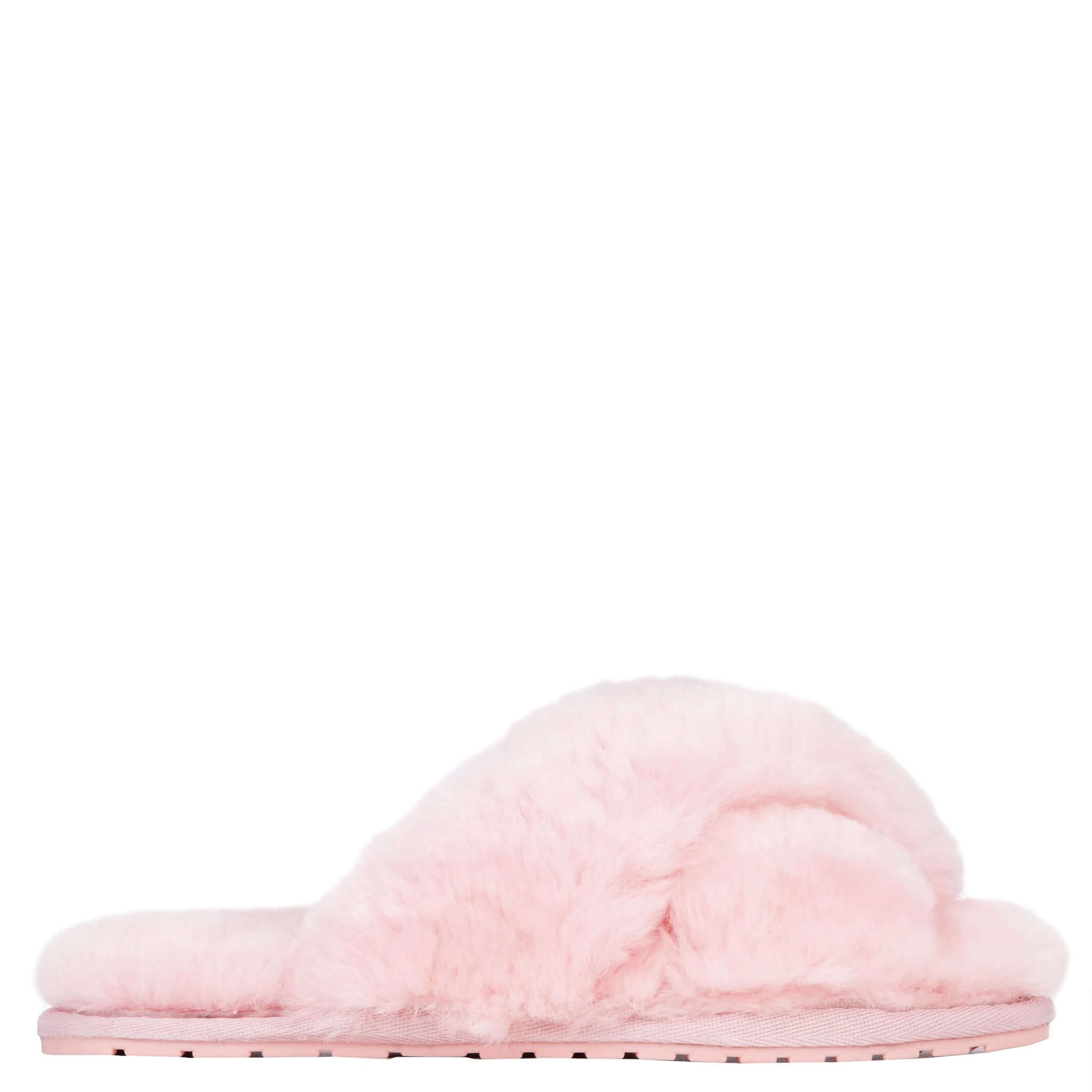 Alt Tag: EMU Mayberry Slippers - Baby Pink fluffy sheepskin crossover strap open-toe slide slipper with wave sole, side view