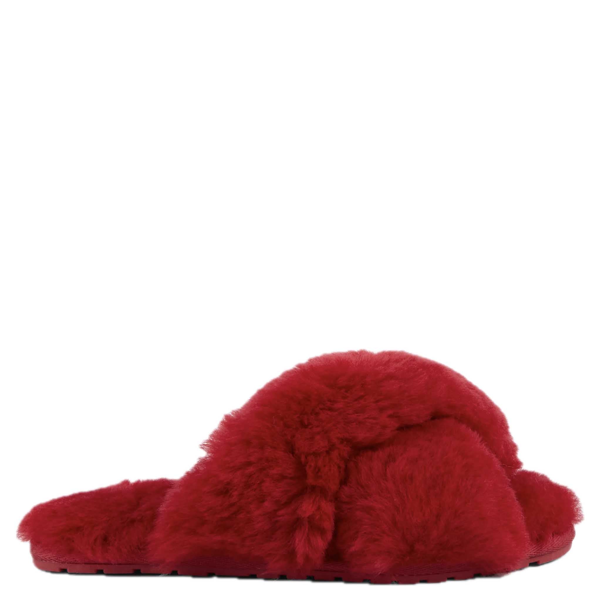 Alt Tag: EMU Mayberry Slippers - Cherry red sheepskin crossover strap open-toe fluffy slide slippers with wave sole, side view
