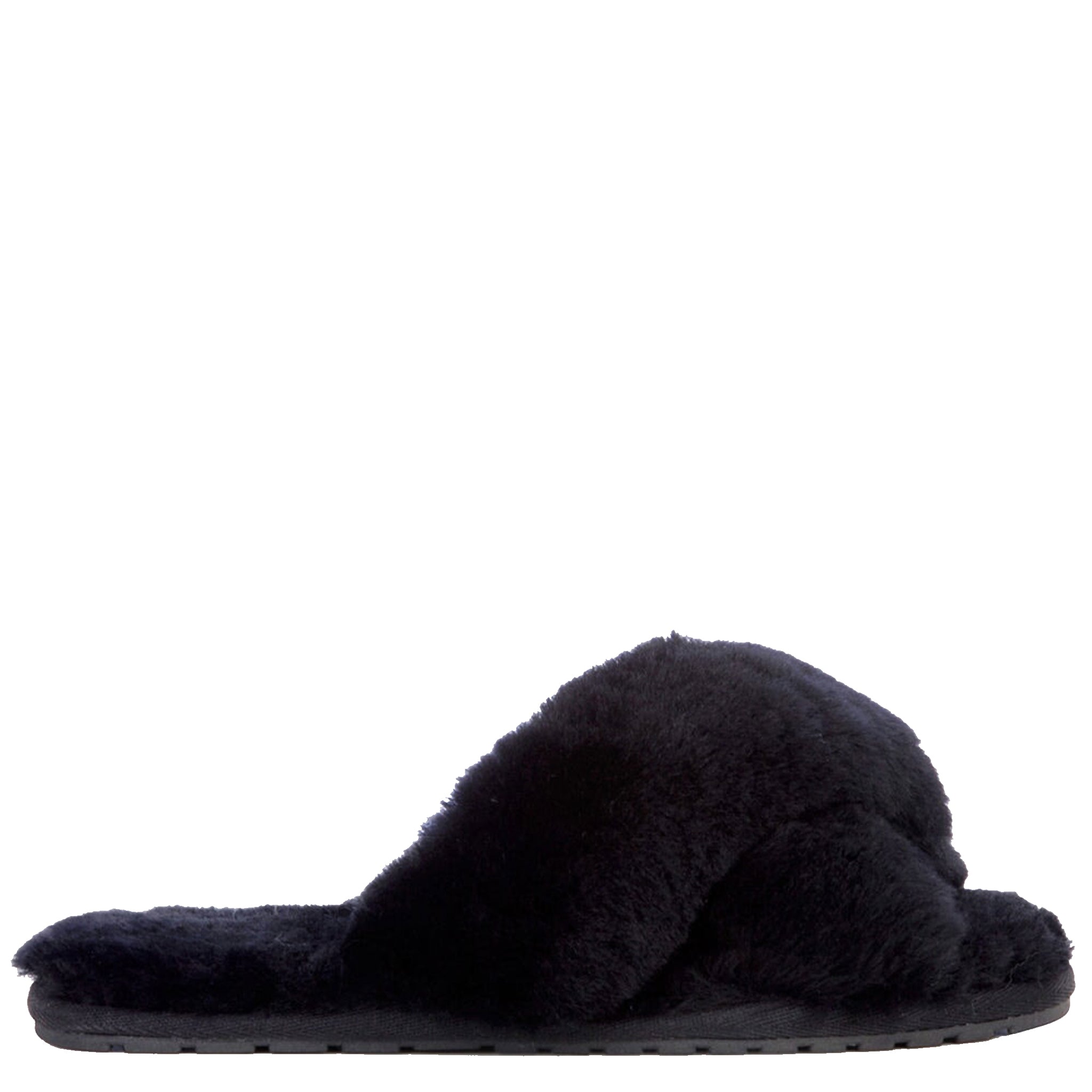 Alt Tag: EMU Mayberry Slippers - Black fluffy crossover open-toe sheepskin slide slippers, side view