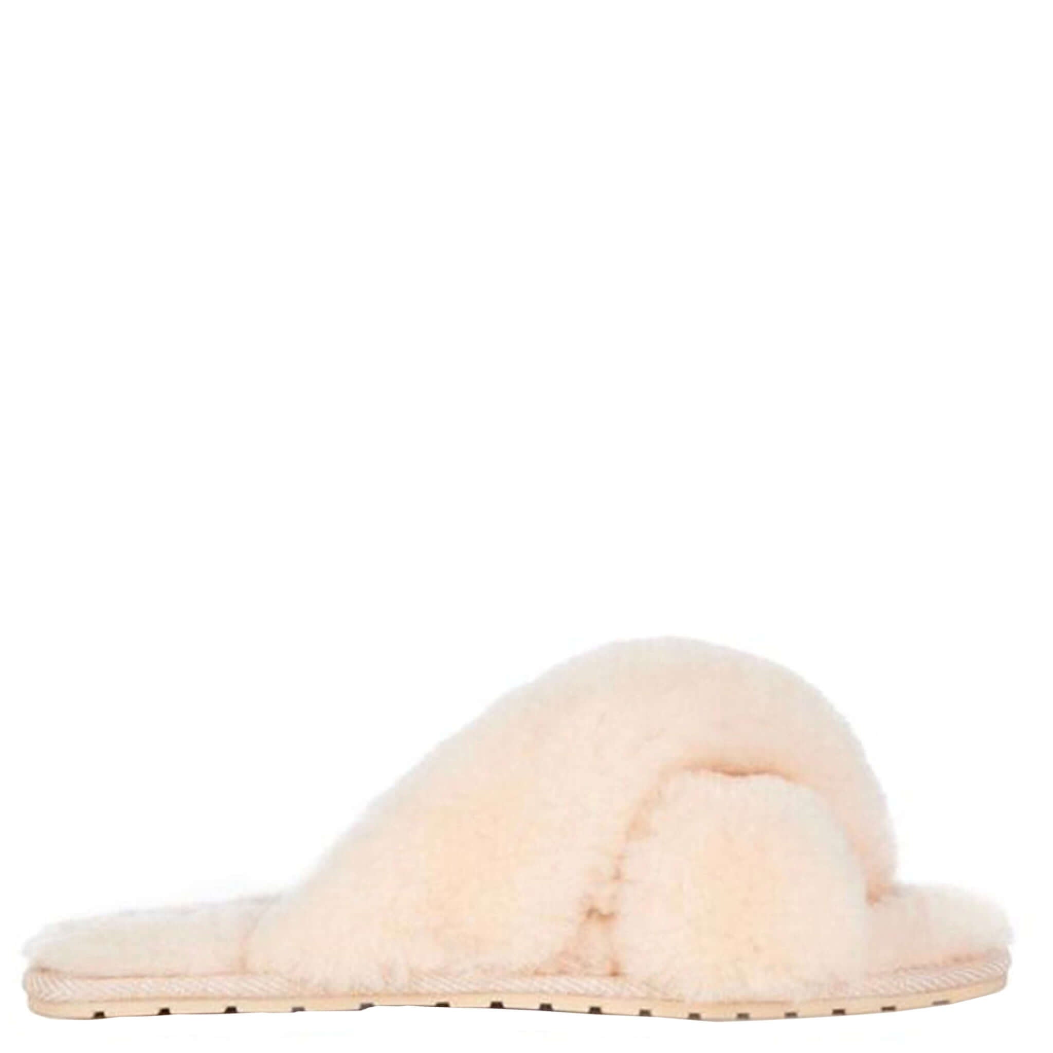 Alt Tag: EMU Mayberry Slippers - Natural sheepskin crossover strap open-toe slipper in cream, side view with comfort sole