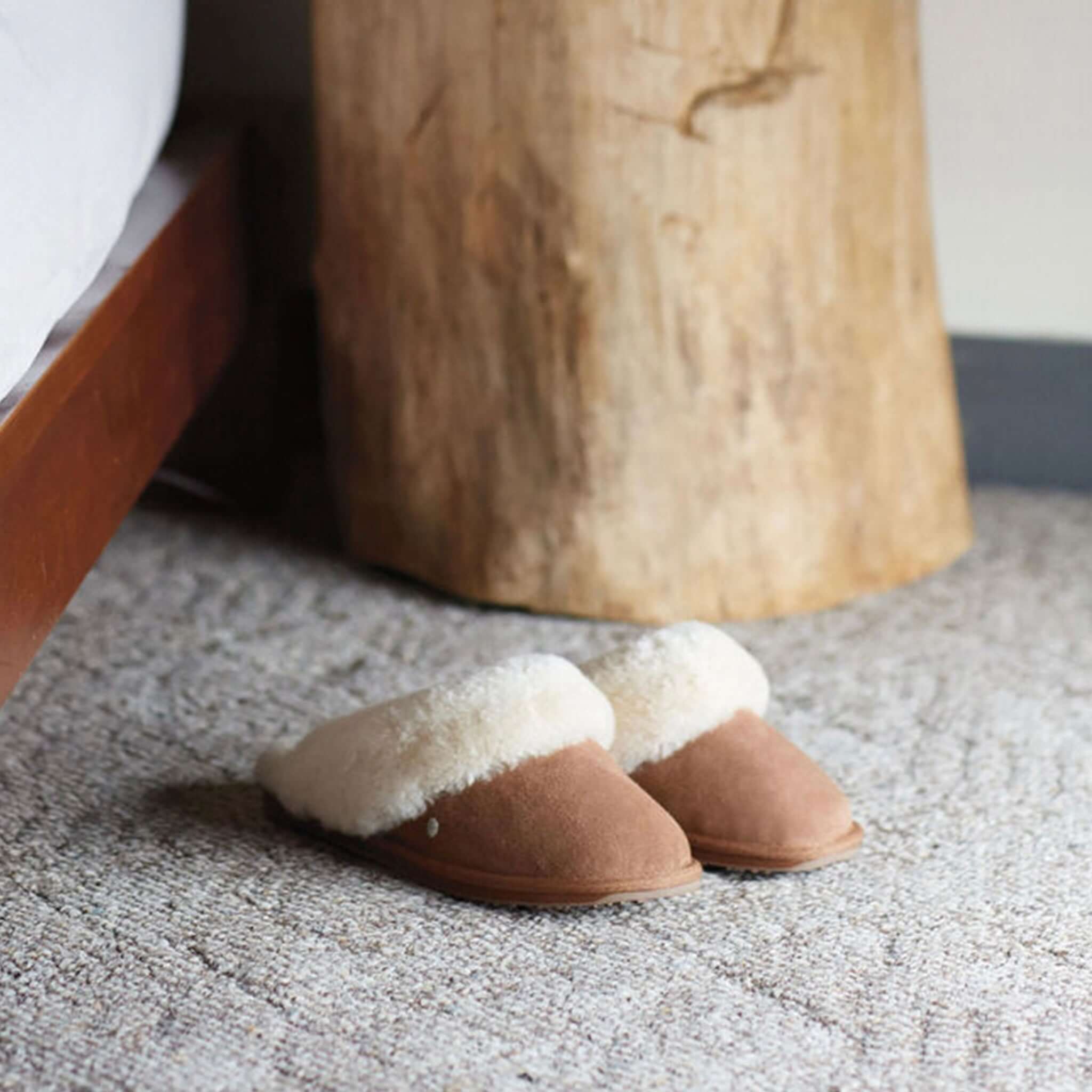 Alt Tag: EMU Jolie Slippers - Chestnut women’s suede mule slippers with plush sheepskin lining, cozy indoor/outdoor outsole