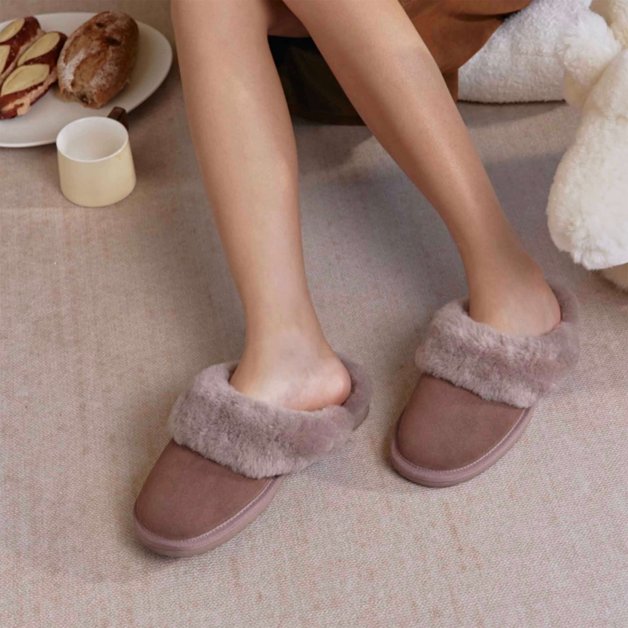 Alt Tag: EMU Jolie Slippers - Mocha women’s suede mule slippers with plush sheepskin lining for cosy indoor-outdoor wear