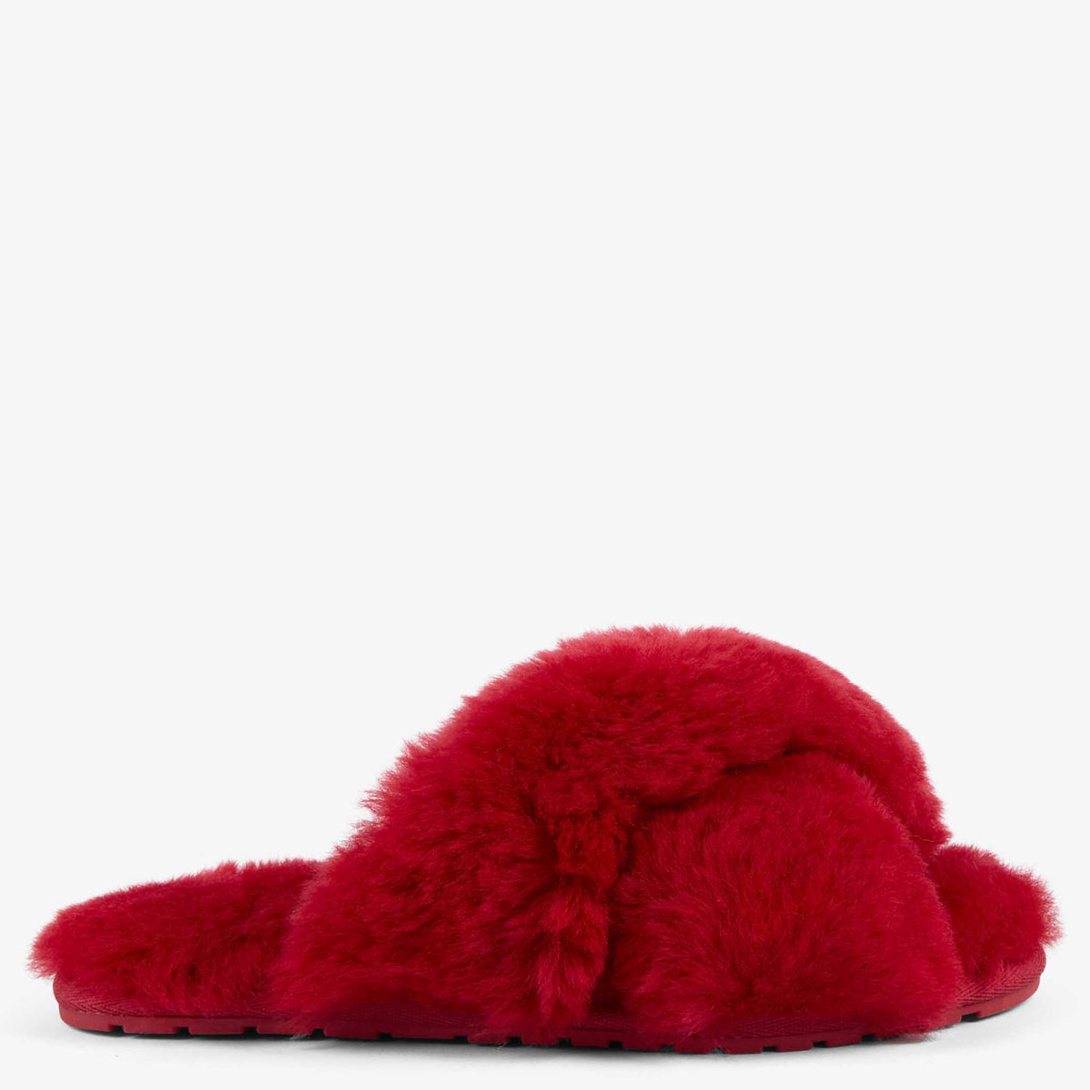 EMU Mayberry Slippers - Cherry, red crossover sheepskin slide slipper, side view