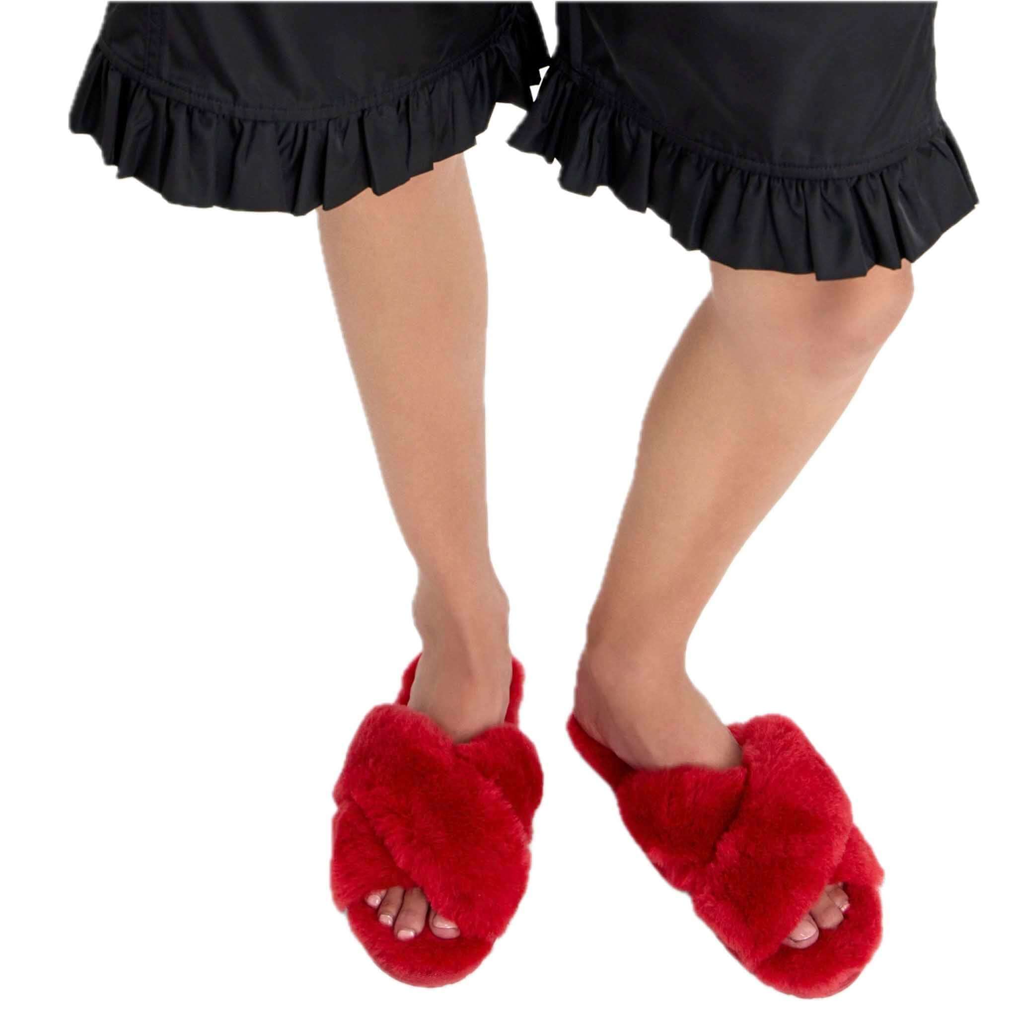 Alt Tag: EMU Mayberry Slippers - Cherry red fluffy crossover sheepskin open-toe slippers on feet, comfy lounge footwear