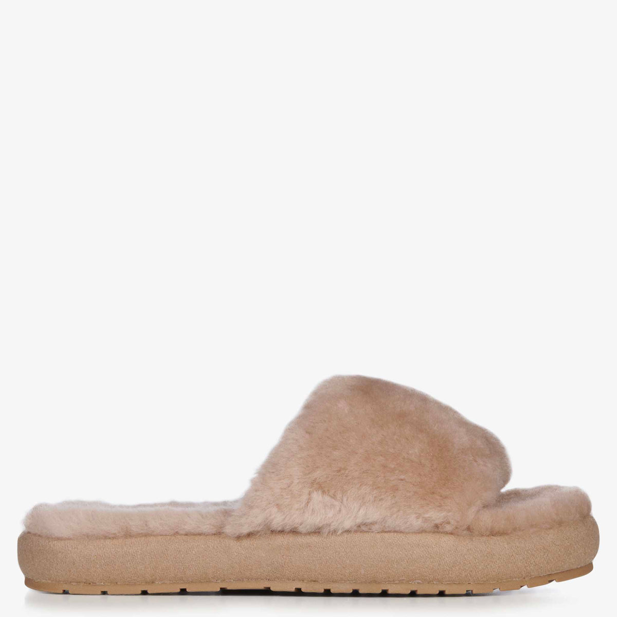 EMU McKay Slippers - Camel, women's plush sheepskin slide slipper in camel, side view on a white background