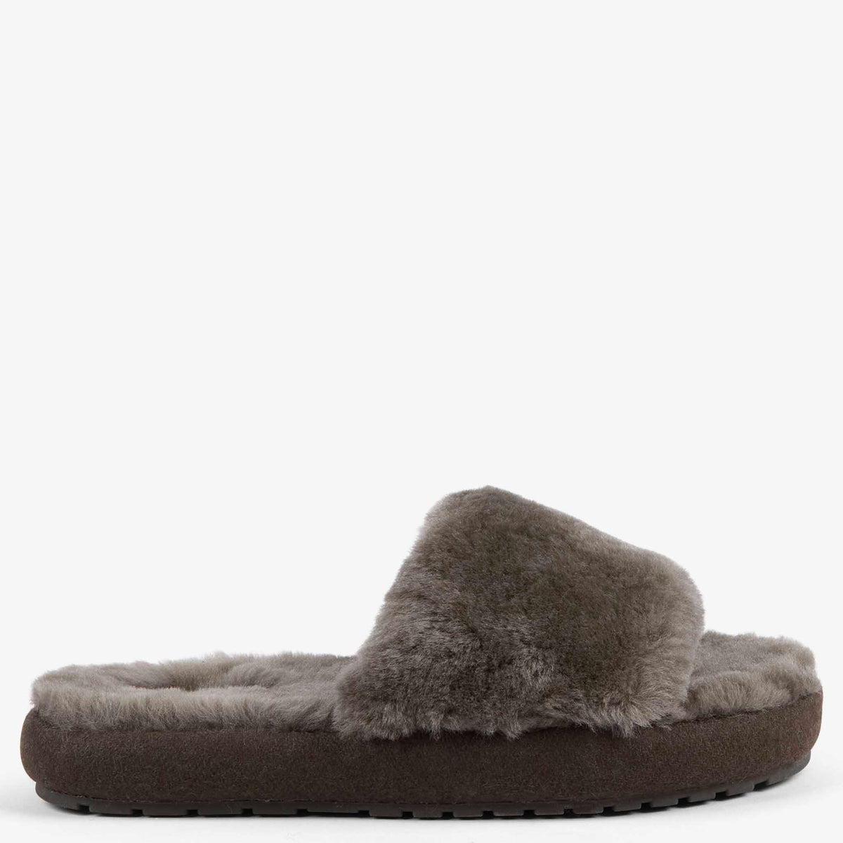 EMU McKay Slippers - Dark Olive, women's plush sheepskin slide slipper in dark olive, side view on a white background