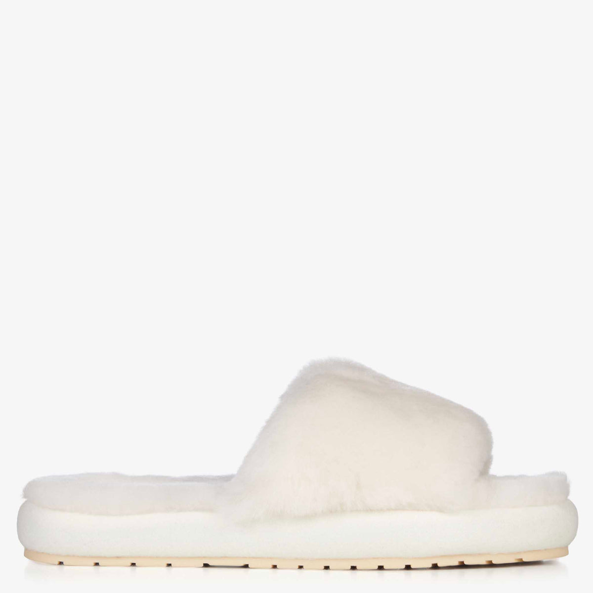 EMU McKay Slippers - Natural, women's plush sheepskin slide slipper in natural, side view on a white background