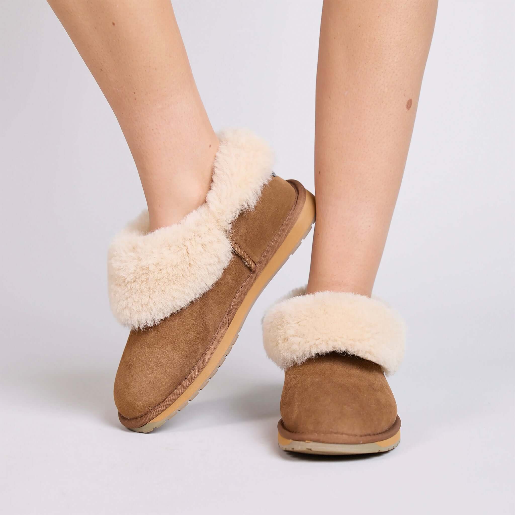 Alt Tag: EMU Platinum Mintaro Slippers - Chestnut ankle-height double-face sheepskin slippers with plush cuff, indoor/outdoor sole