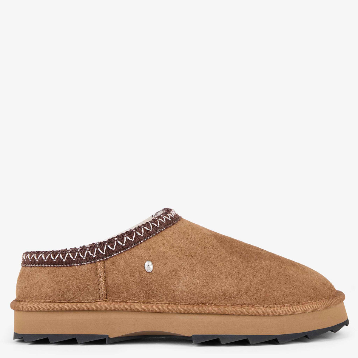 EMU Sharky Scuff Slippers - Chestnut, side view of suede scuff slipper with embroidered trim and black sole