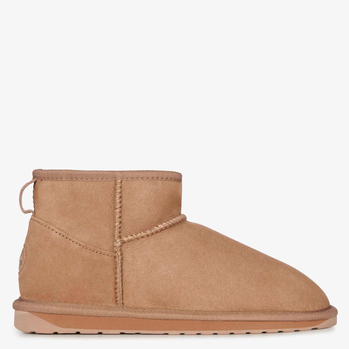 EMU Stinger Micro Slippers - Camel, ankle-height sheepskin boot with stitched seams and rear pull tab