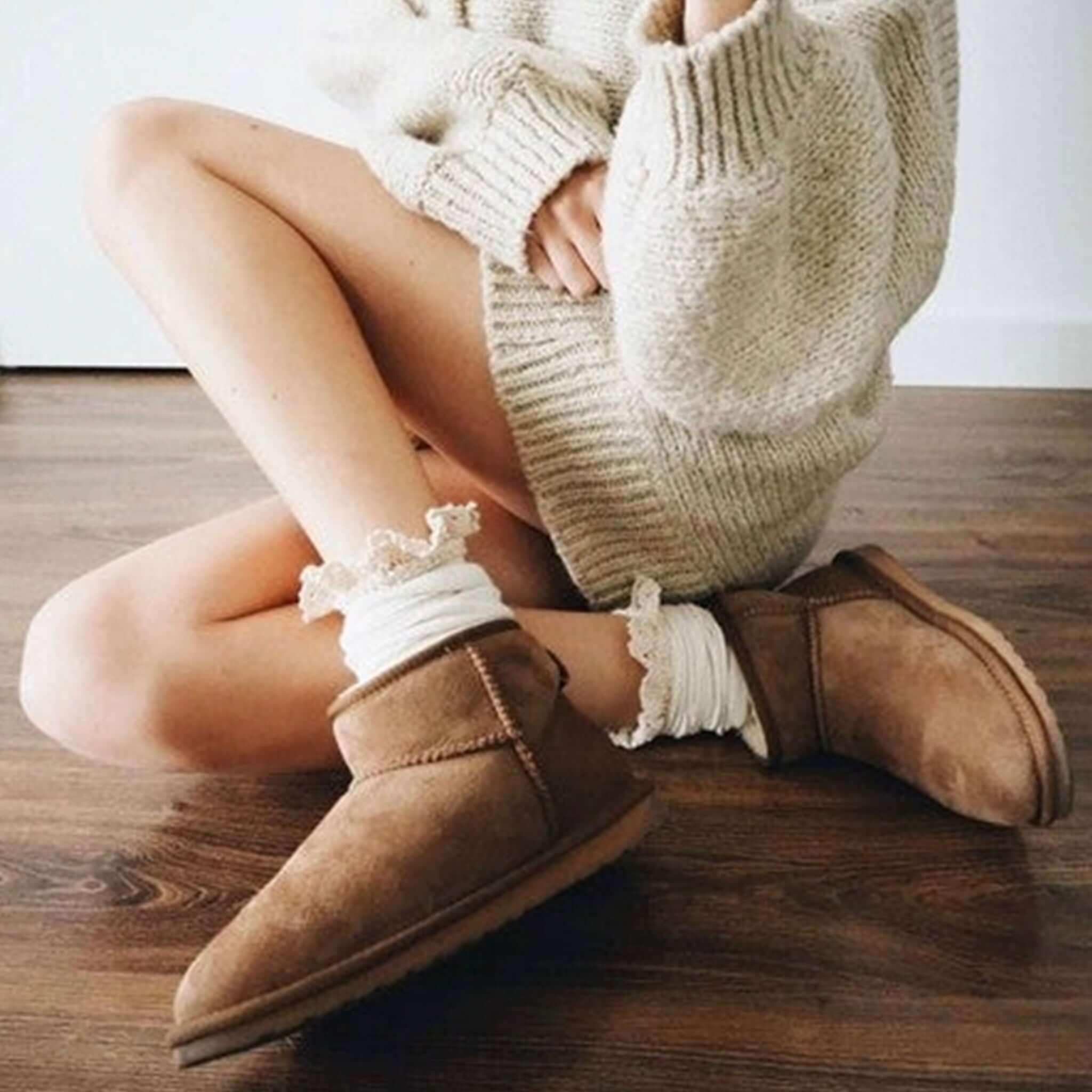 Alt Tag: EMU Stinger Micro Slippers - Camel women's sheepskin ankle slippers in camel, cozy indoor boots with durable outsole