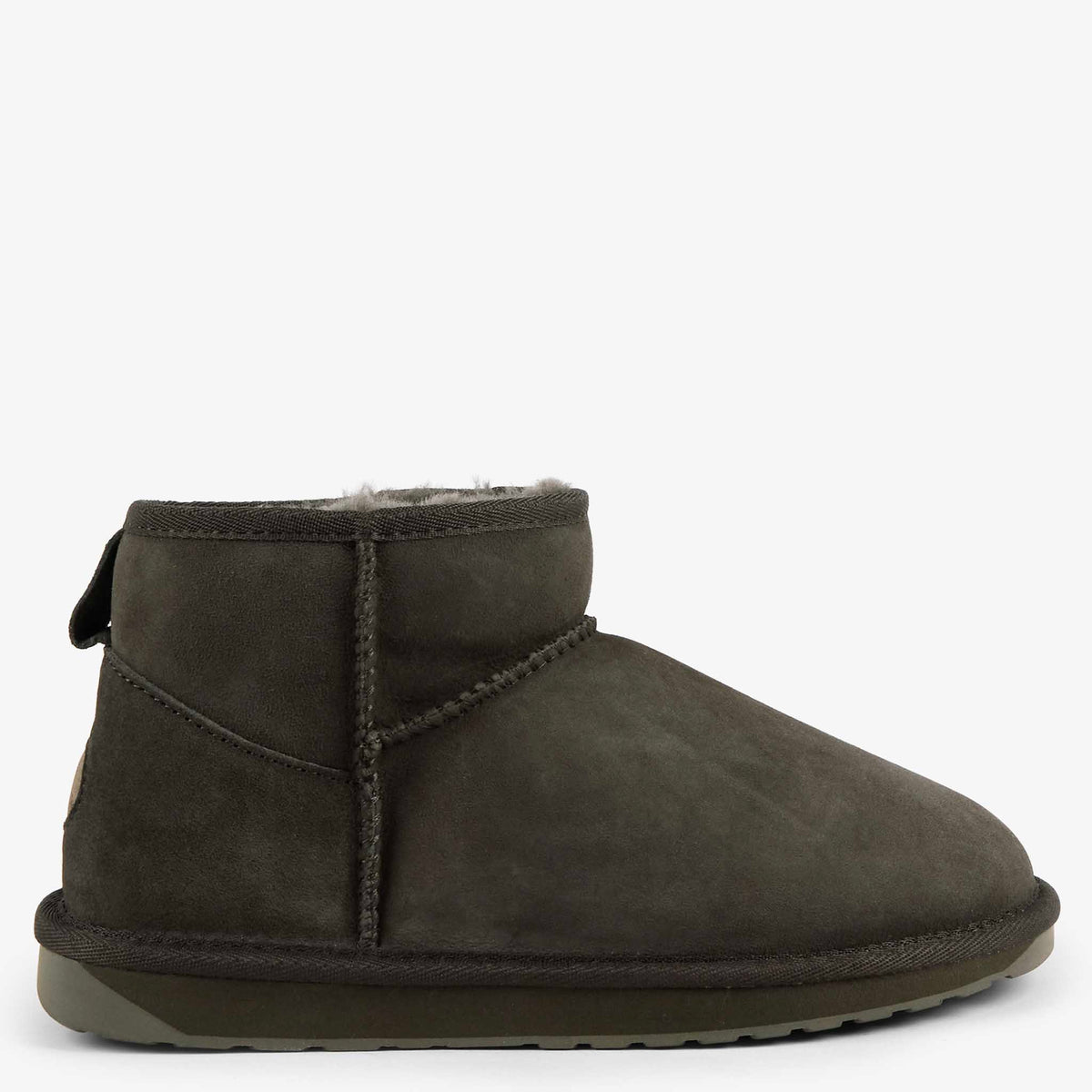 EMU Stinger Micro Slippers - Dark Olive, ankle-height sheepskin boot with rear pull tab