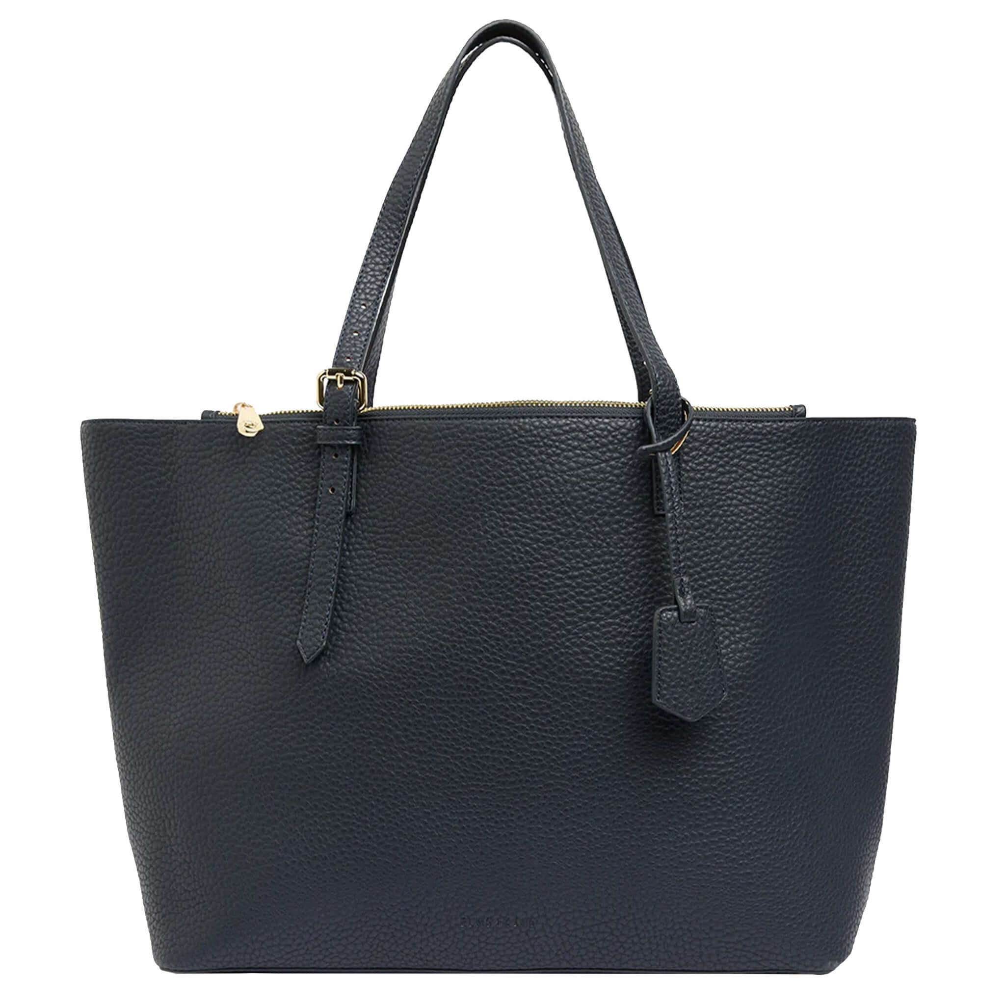 Alt Tag: Elms+King Carmine Tote - Navy & Oyster navy open-top tote bag with adjustable shoulder straps and zip pockets, front view