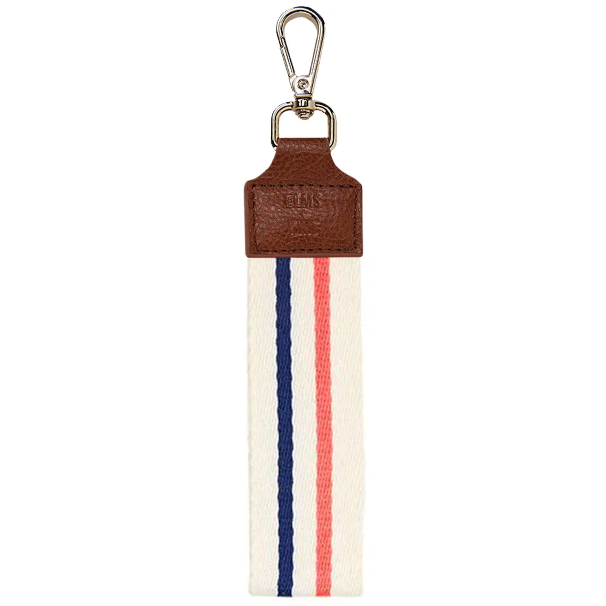 Alt Tag: Elms+King Wristlet canvas wristlet strap with brown PU tab and navy and coral stripe, clip-on bag accessory colour pop