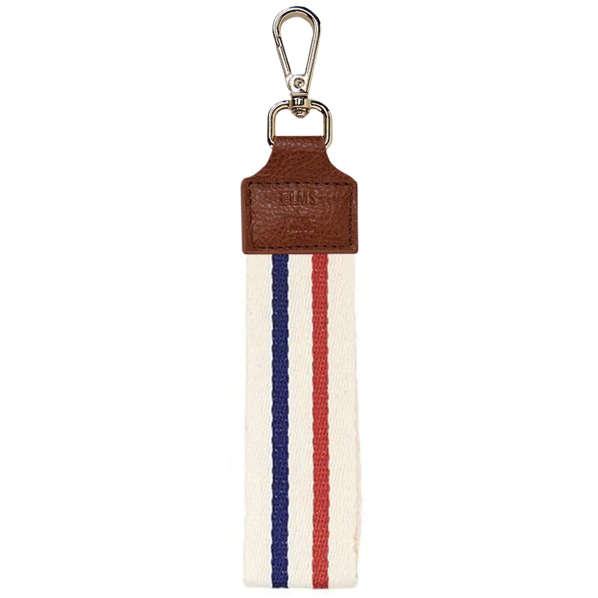 Alt Tag: Elms+King Wristlet canvas strap wristlet with red and navy stripes, premium PU leather and gold clasp for a pop of colour