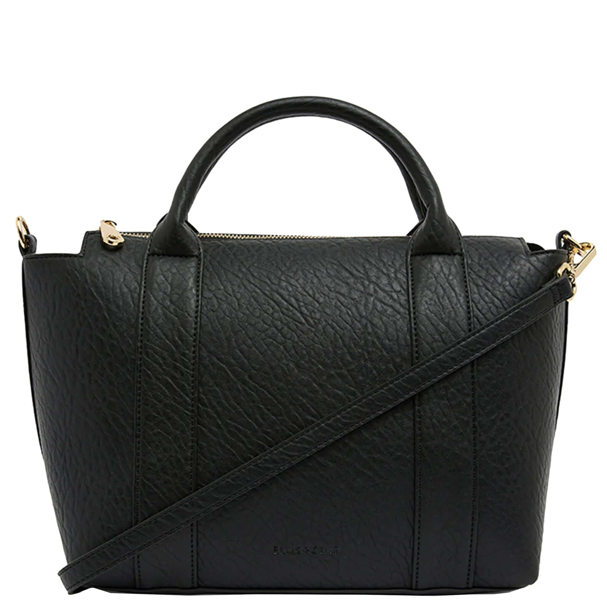 Alt Tag: Elms+King Messina Tote - Black structured recycled PU tote bag with top handles, removable crossbody strap and zip closure