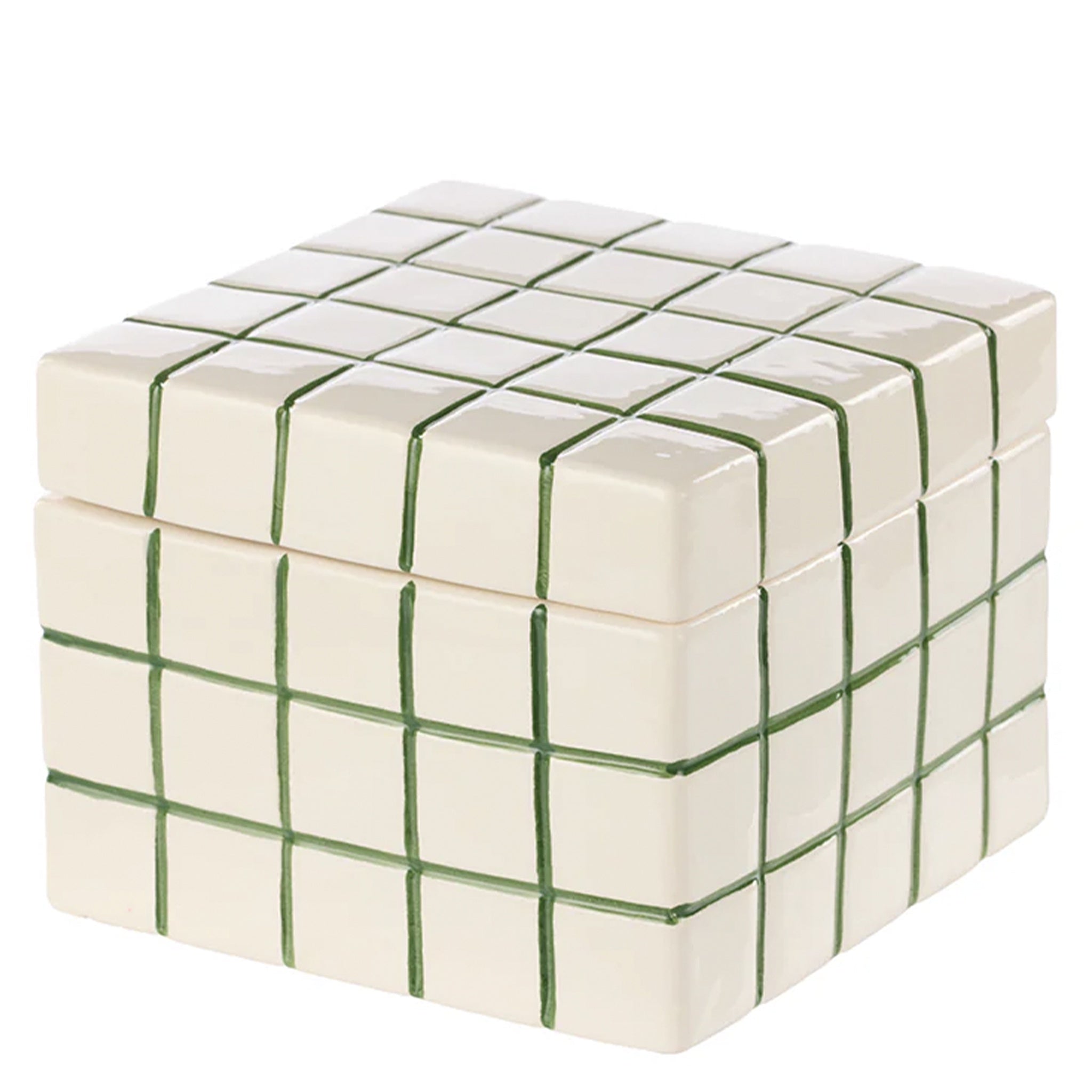 Square ceramic box with green grid pattern on a white background