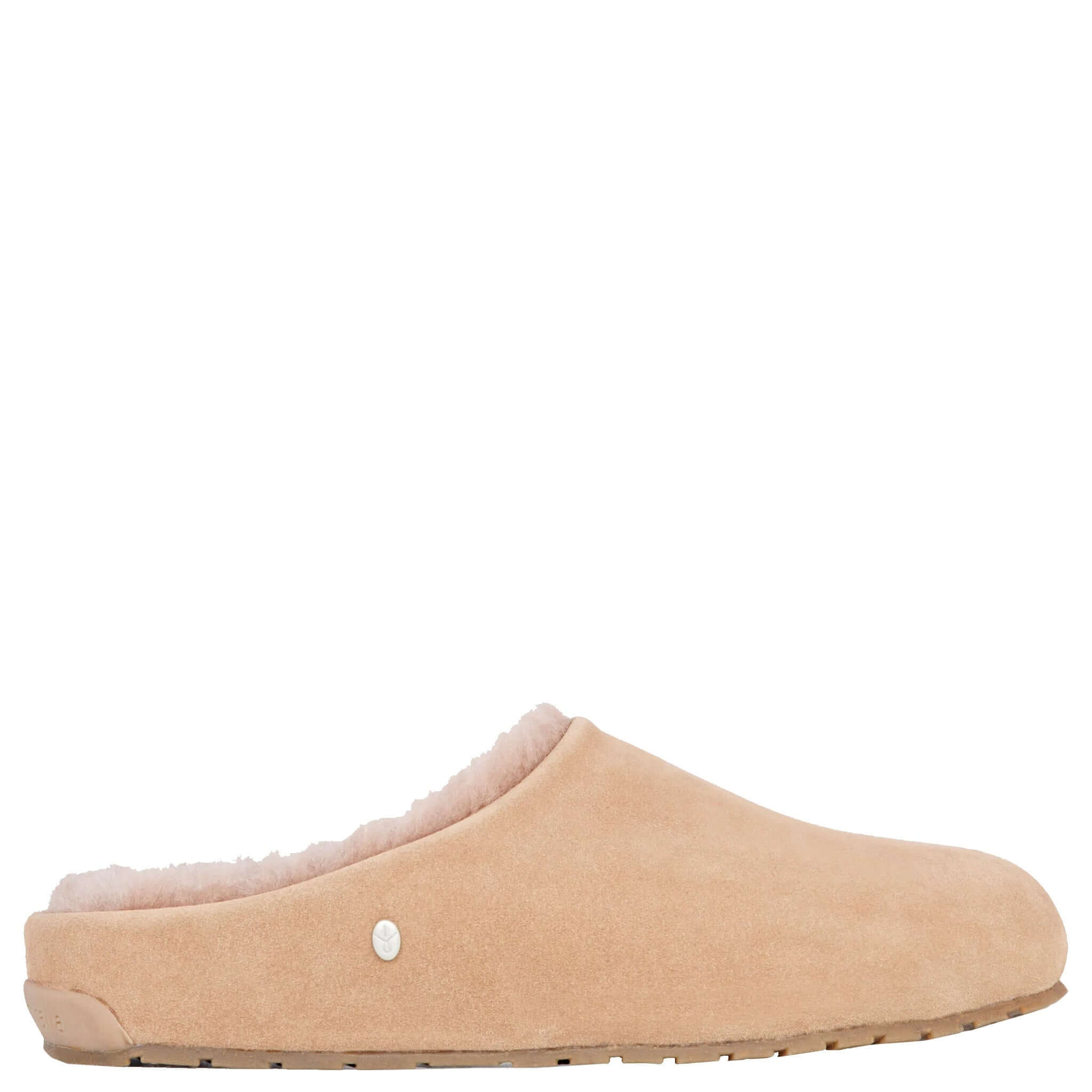 Alt Tag: EMU Monch Slippers - Camel mule slipper in camel suede with sheepskin lining and rubber cork outsole, indoor outdoor comfort