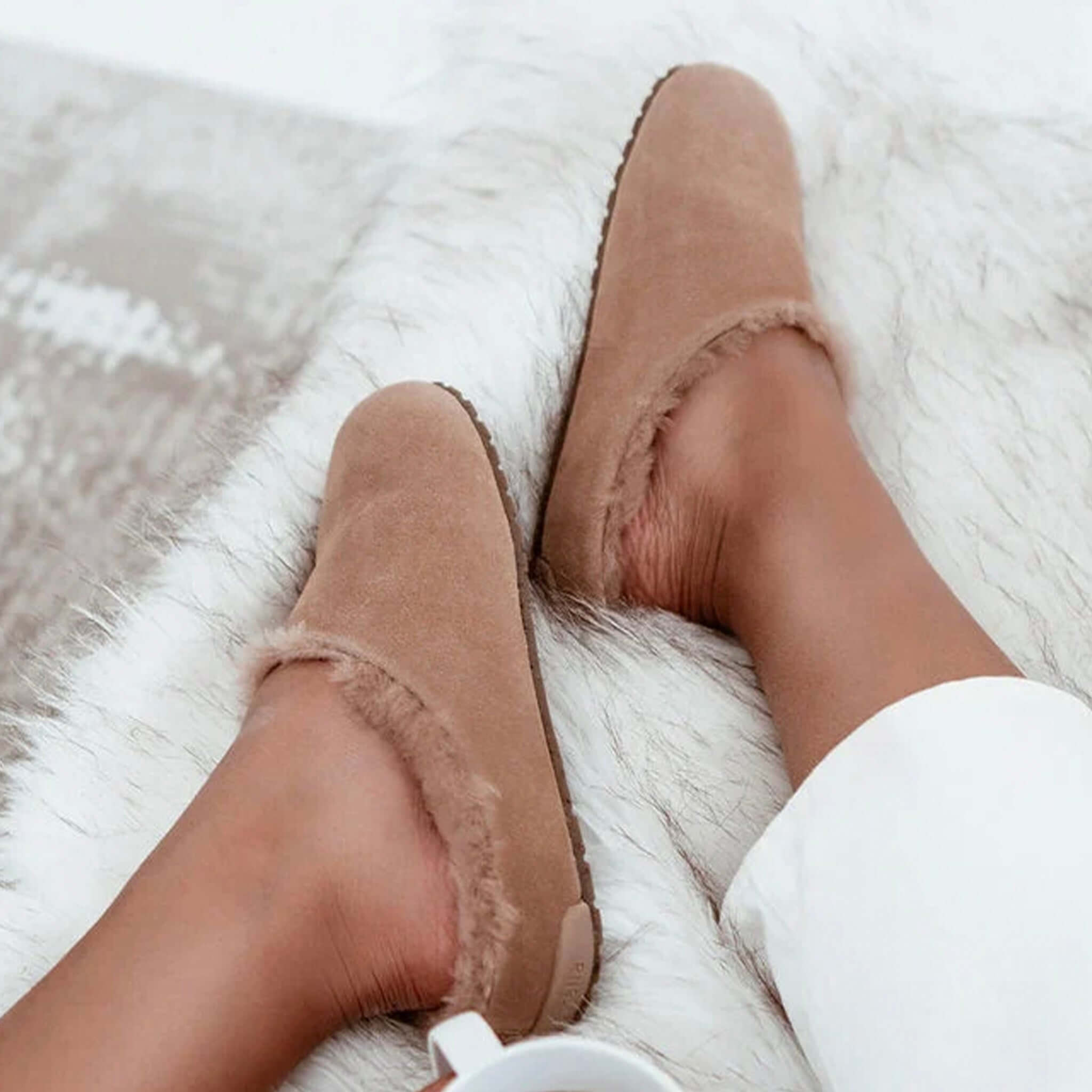 Alt Tag: EMU Monch Slippers - Camel mule slippers with sheepskin lining and rubber-cork outsole, cozy indoor/outdoor lounge footwear