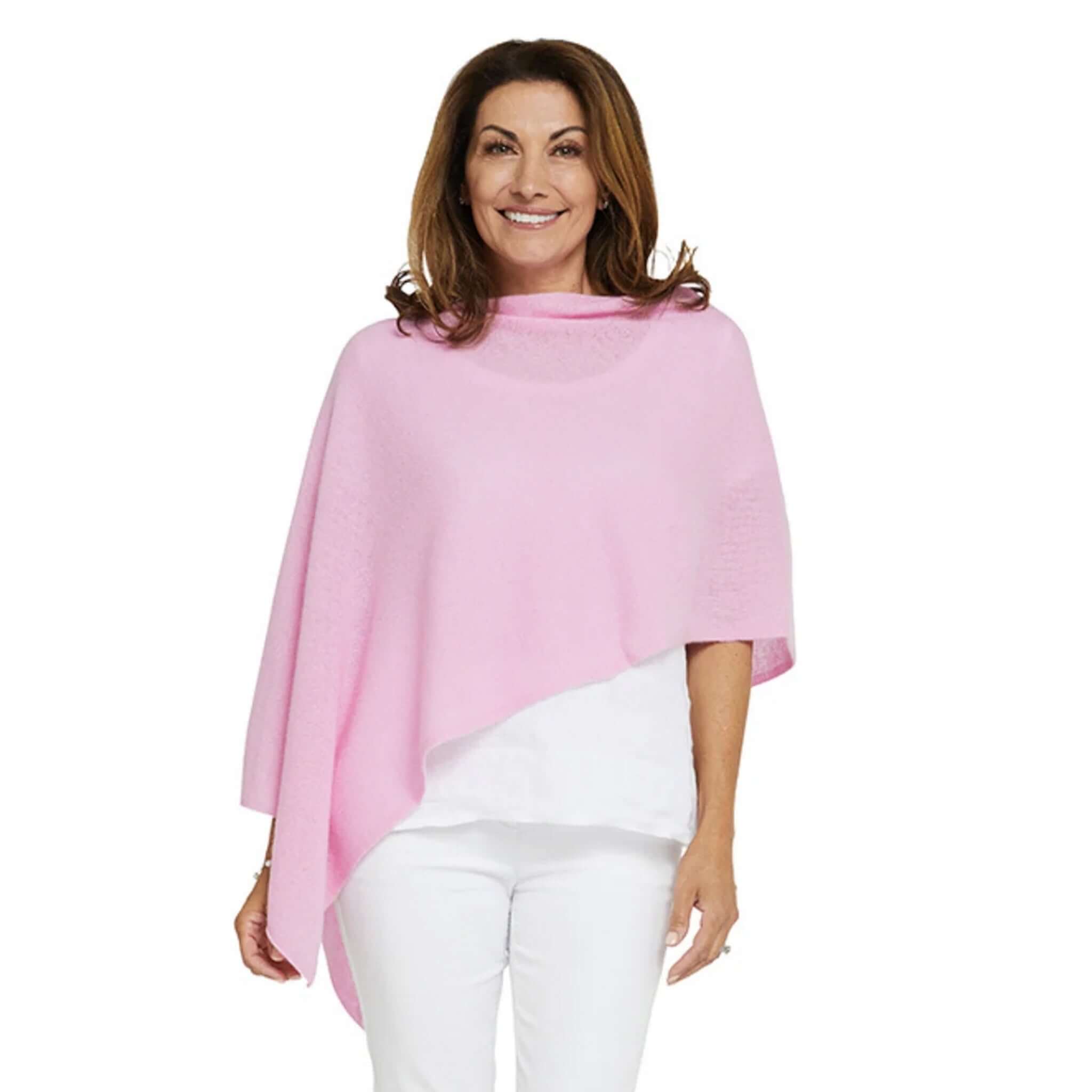 Esperance & Co Classic Cashmere Topper - Glam Pink worn casually with a white shirt.