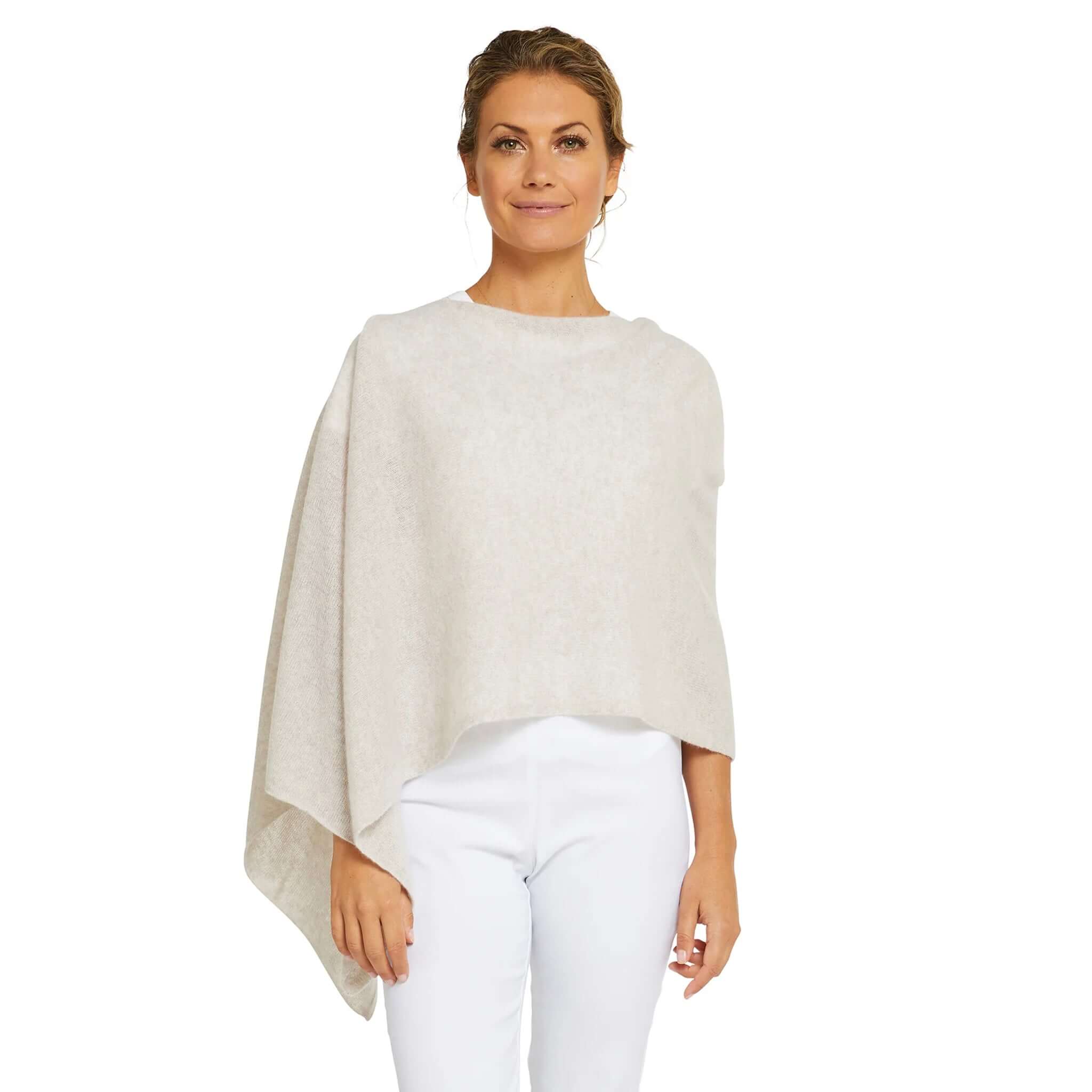 Alt Tag: Esperance & Co Classic Cashmere Topper - Latte worn as a lightweight cashmere wrap topper for office, travel and weekend layering