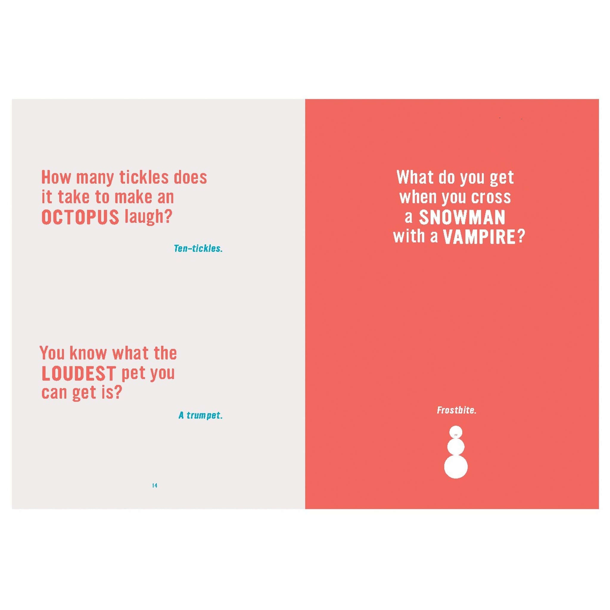 Alt Tag: Essential Compendium of Dad Jokes open book spread with octopus and snowman vampire jokes, illustrated pages for family humor