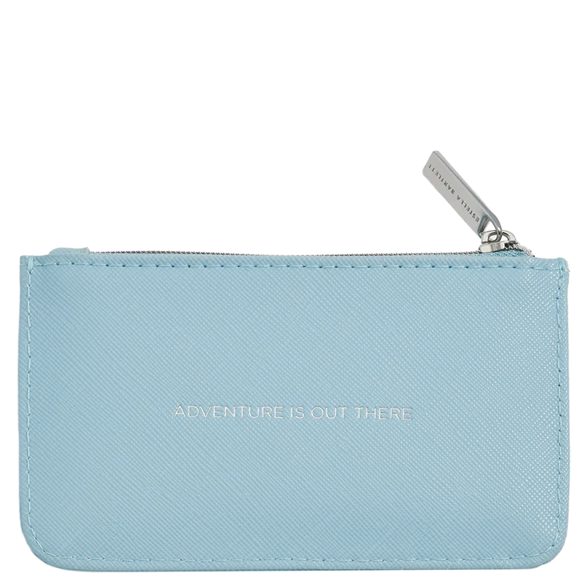 Estella Bartlett Adventure Is Out There Card Holder - Blue, slim blue zip card holder with silver lettering