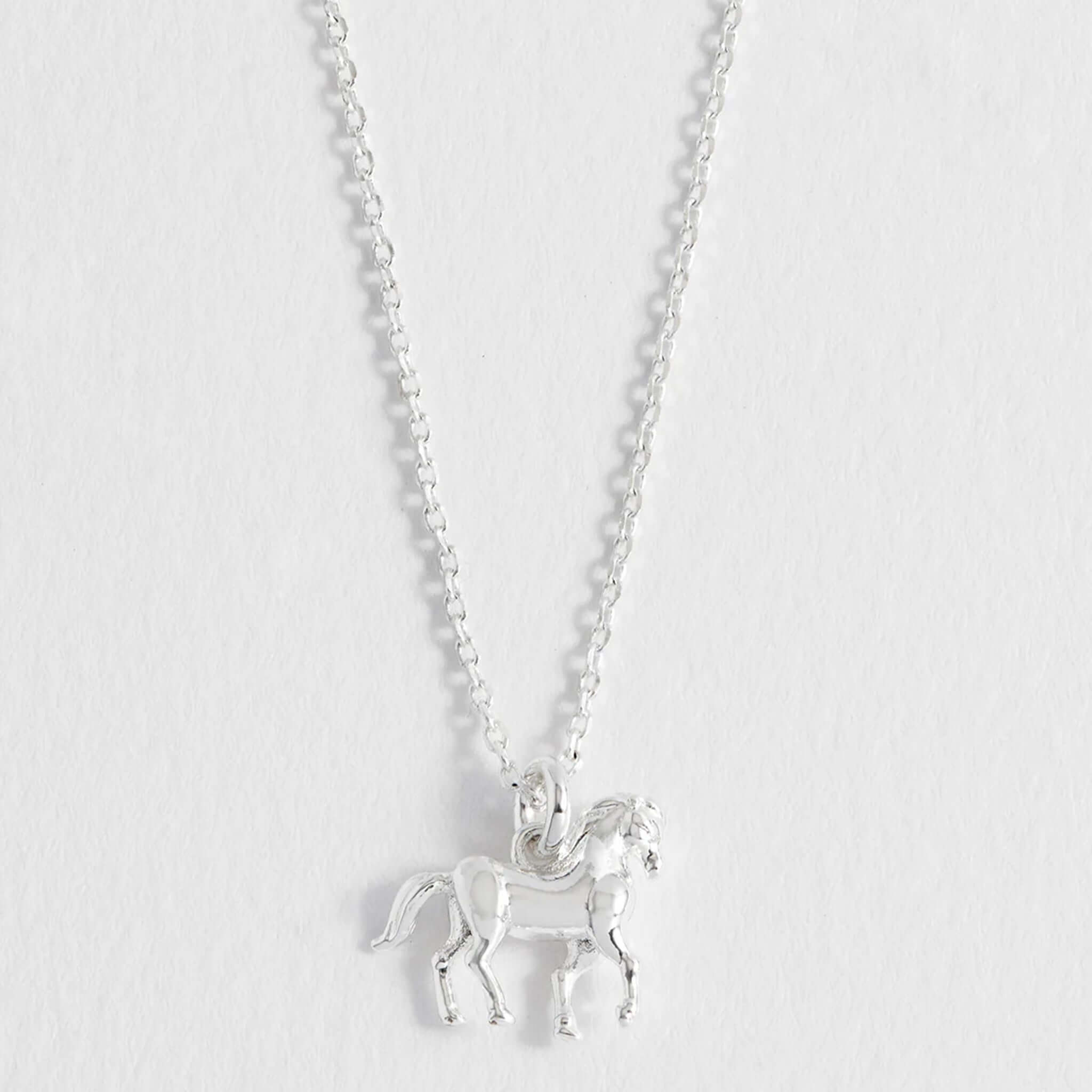 Alt Tag: Estella Bartlett Horse Necklace - Silver sterling silver trotting horse pendant necklace on delicate chain