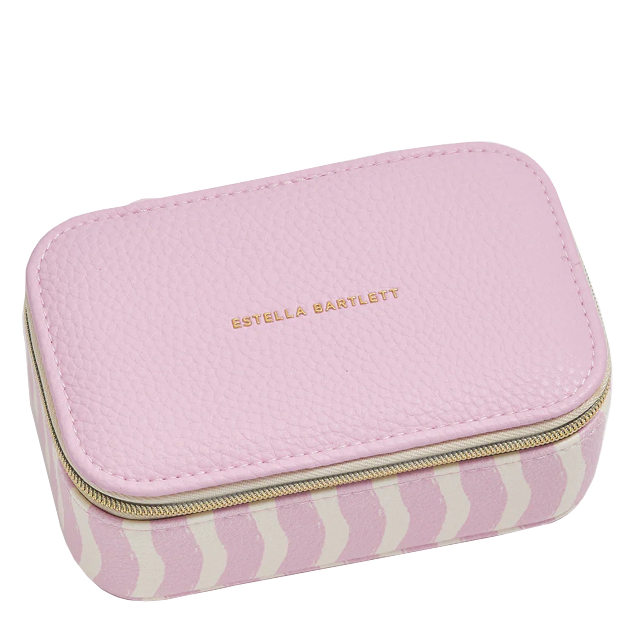 Pink jewelry box with striped pattern and gold zipper on a light gray background
