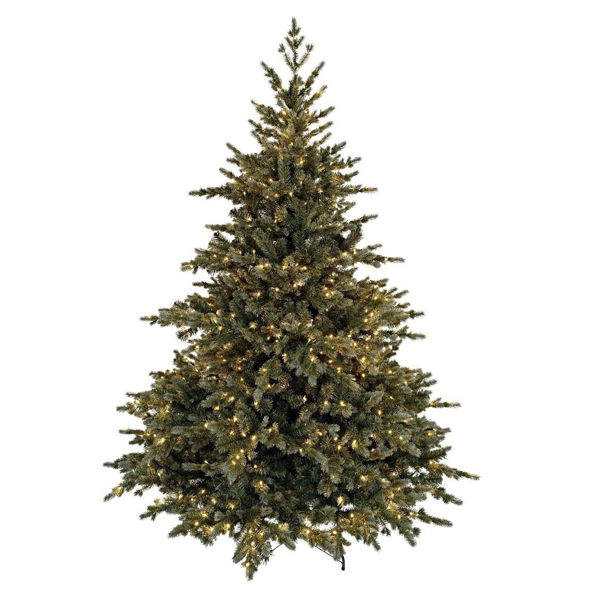 Pre-lit Christmas tree with green needles on a white background