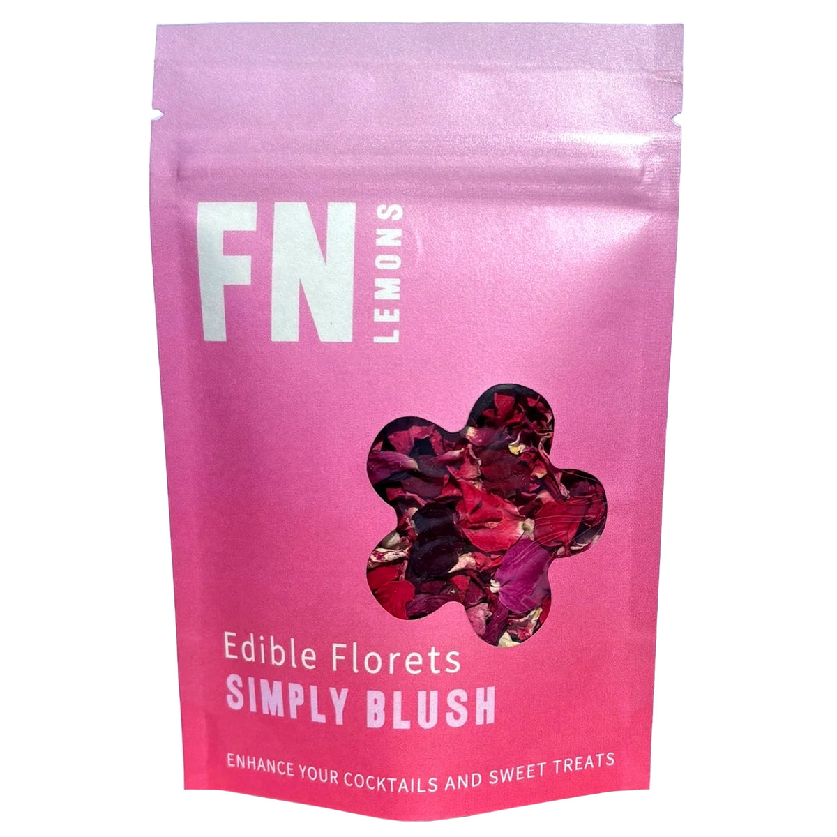 F N Lemons Edible Florets - Simply Blush, pink pouch with flower-shaped window showing petals
