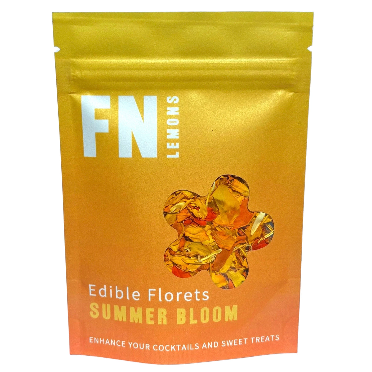 F N Lemons Edible Florets - Summer Bloom in a gold and orange resealable pouch