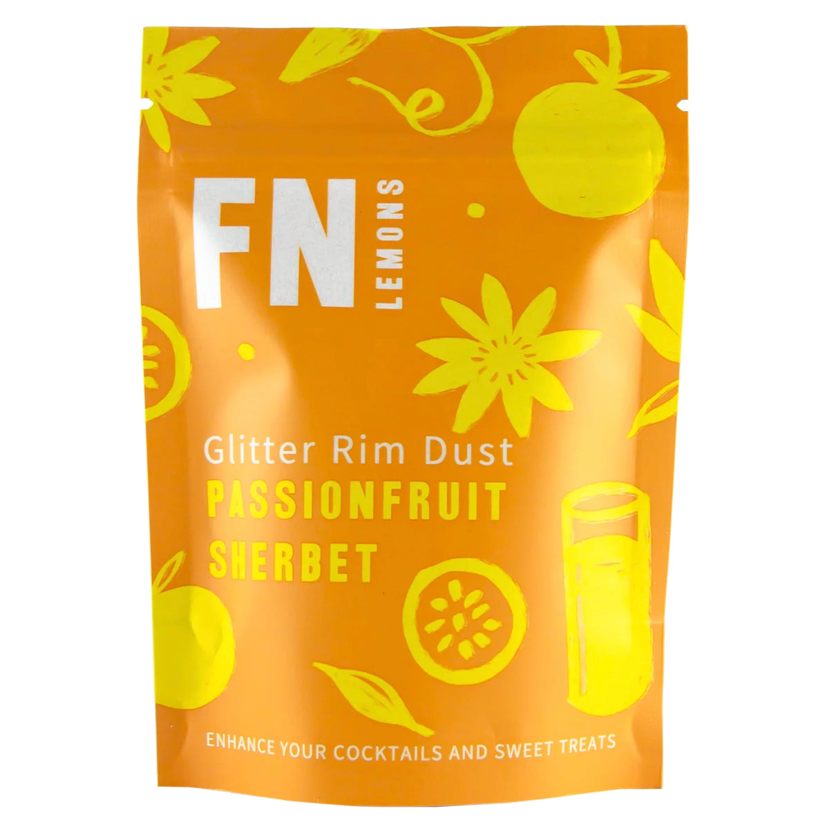 F N Lemons Rim Dust - Passionfruit Sherbert, orange glitter rim dust pouch front on white