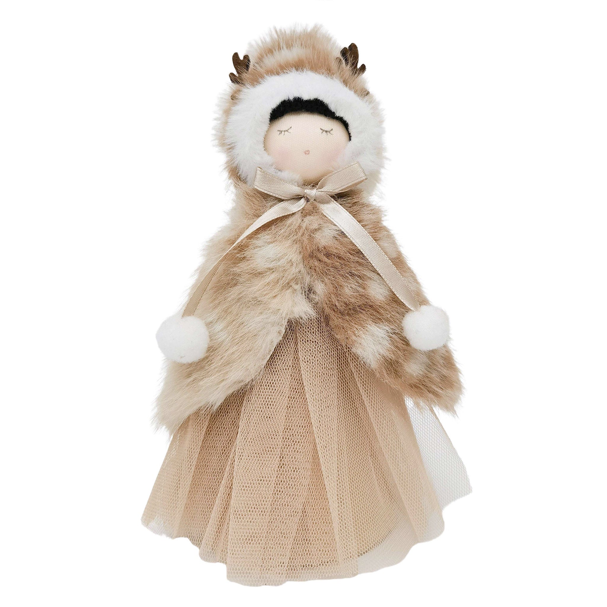 Stuffed toy dressed in a fur outfit with a hood on a white background