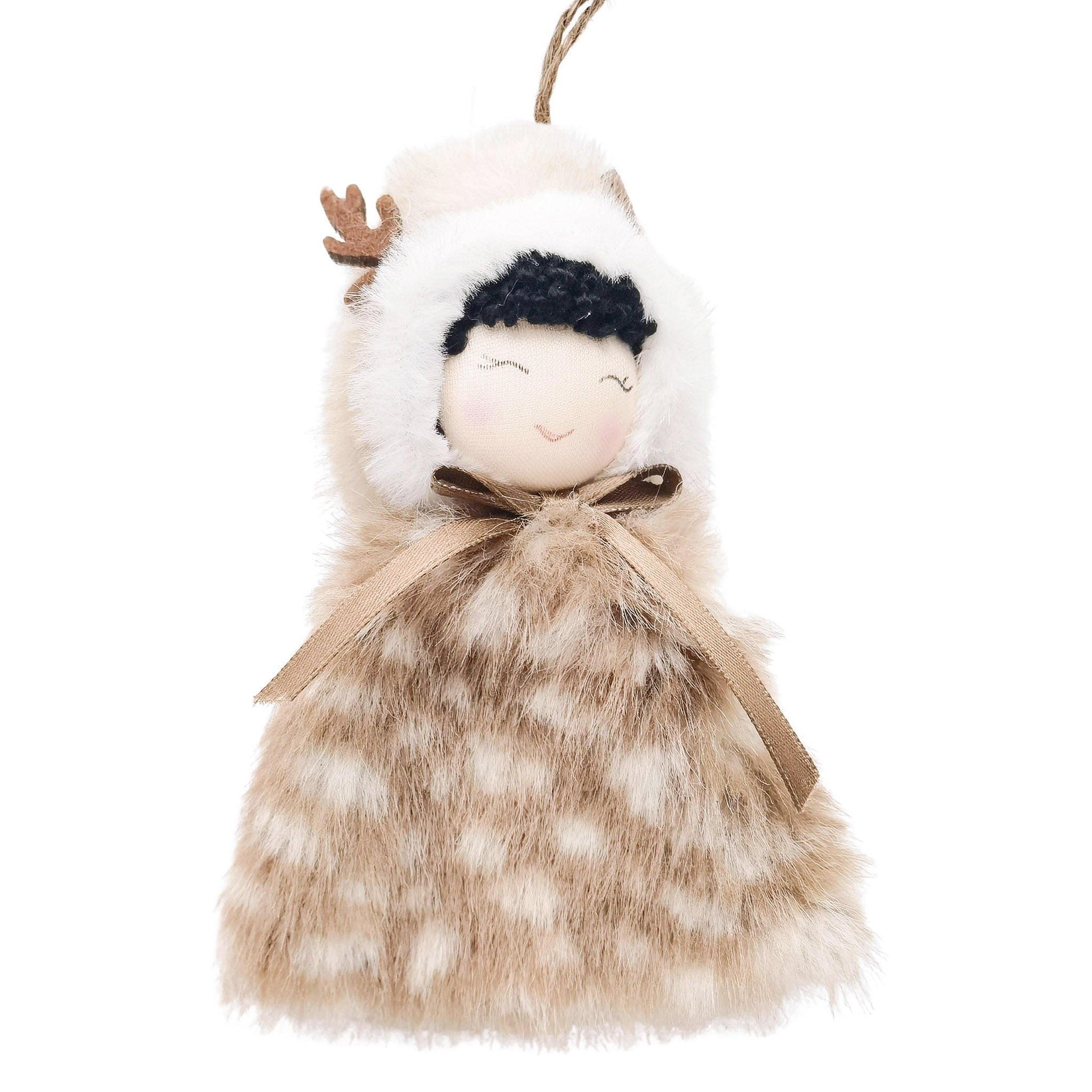 Stuffed toy with white fur, brown polka dot dress, and reindeer antlers on a white background
