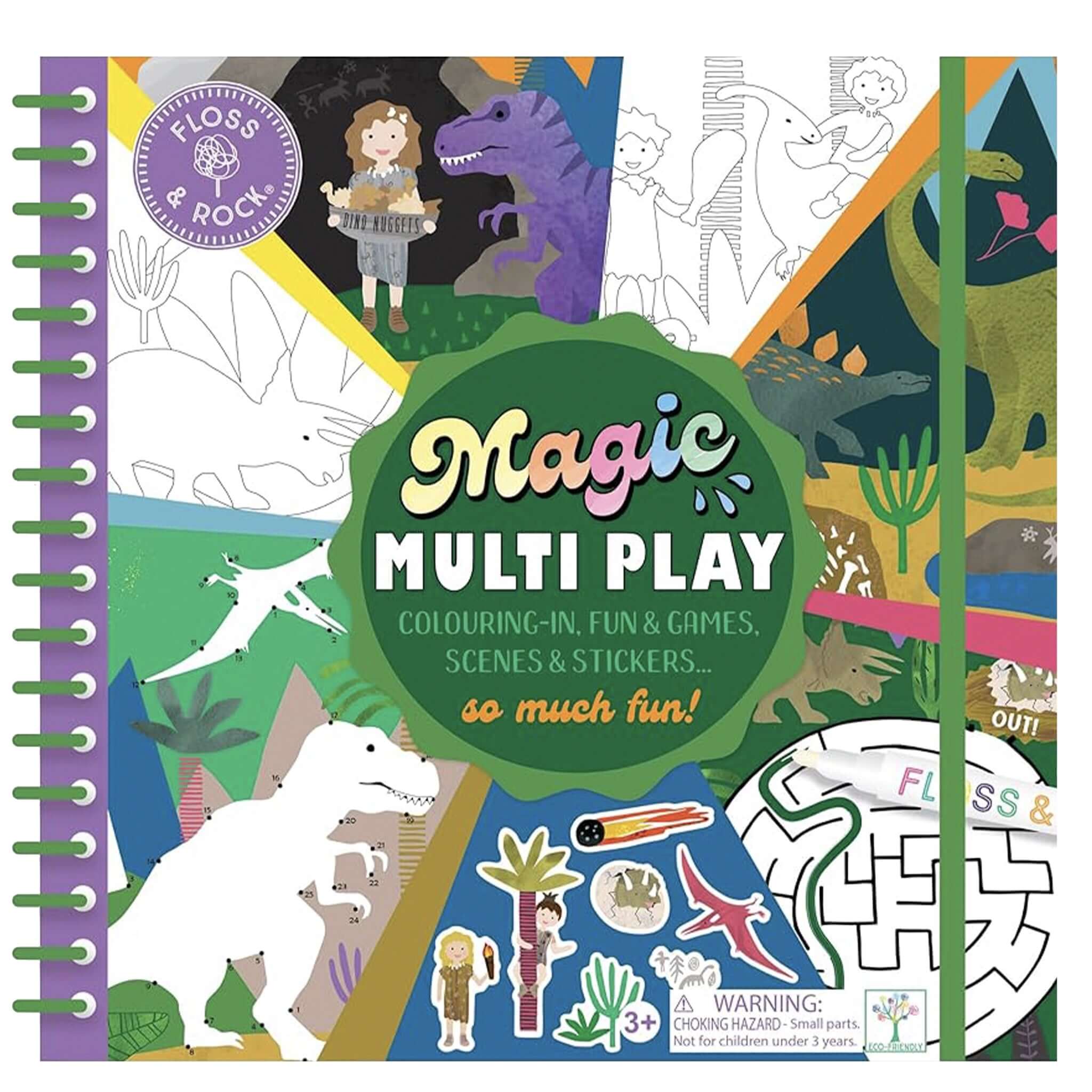Children's activity book with colorful cover featuring dinosaurs and various activities.