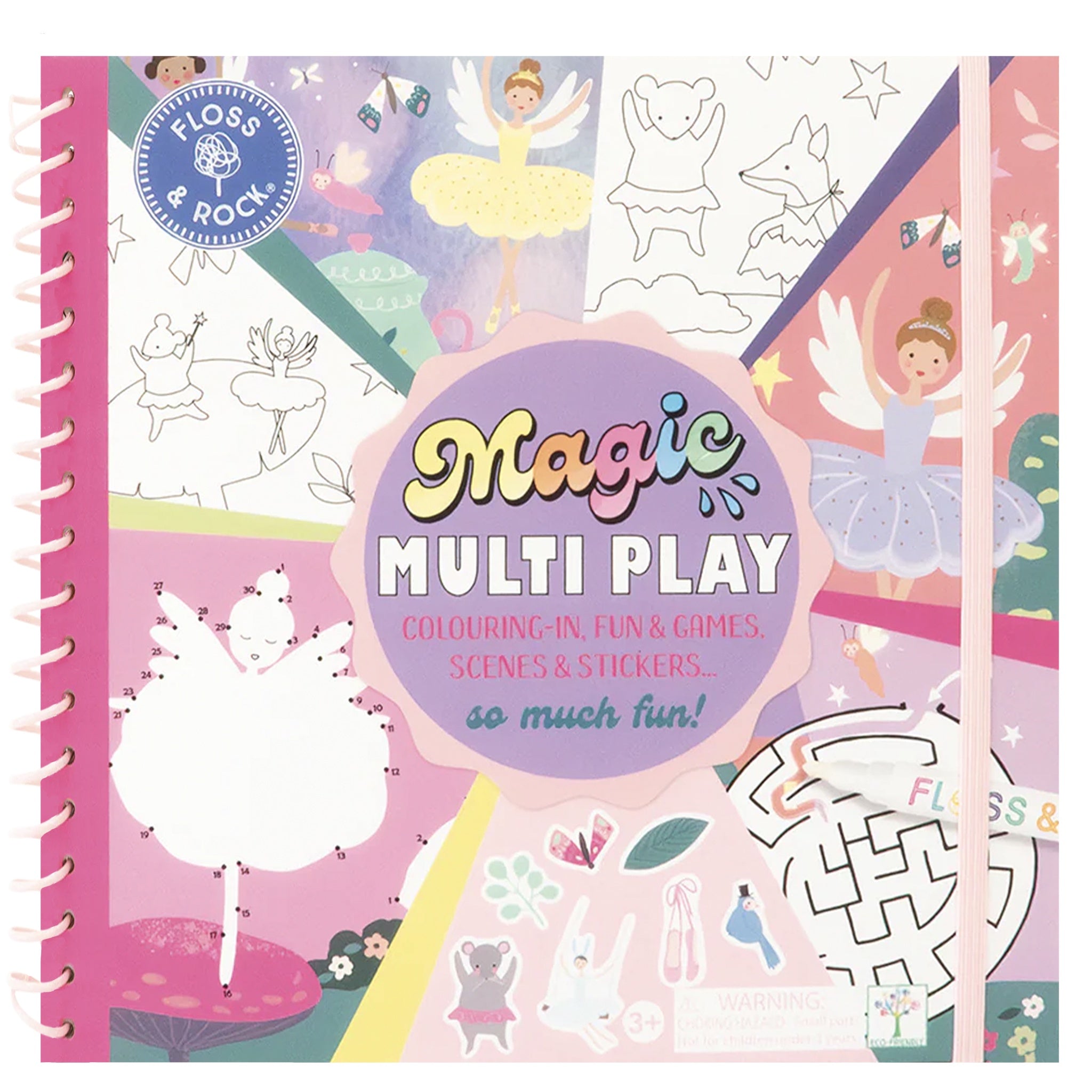Children's activity book titled 'Magic Multi Play' with colorful illustrations on a pink background.