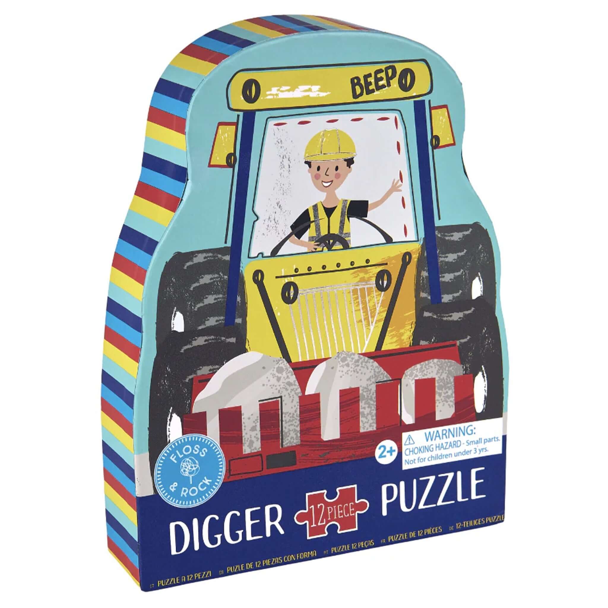 Boxed puzzle of a digger with colorful design and character illustration.