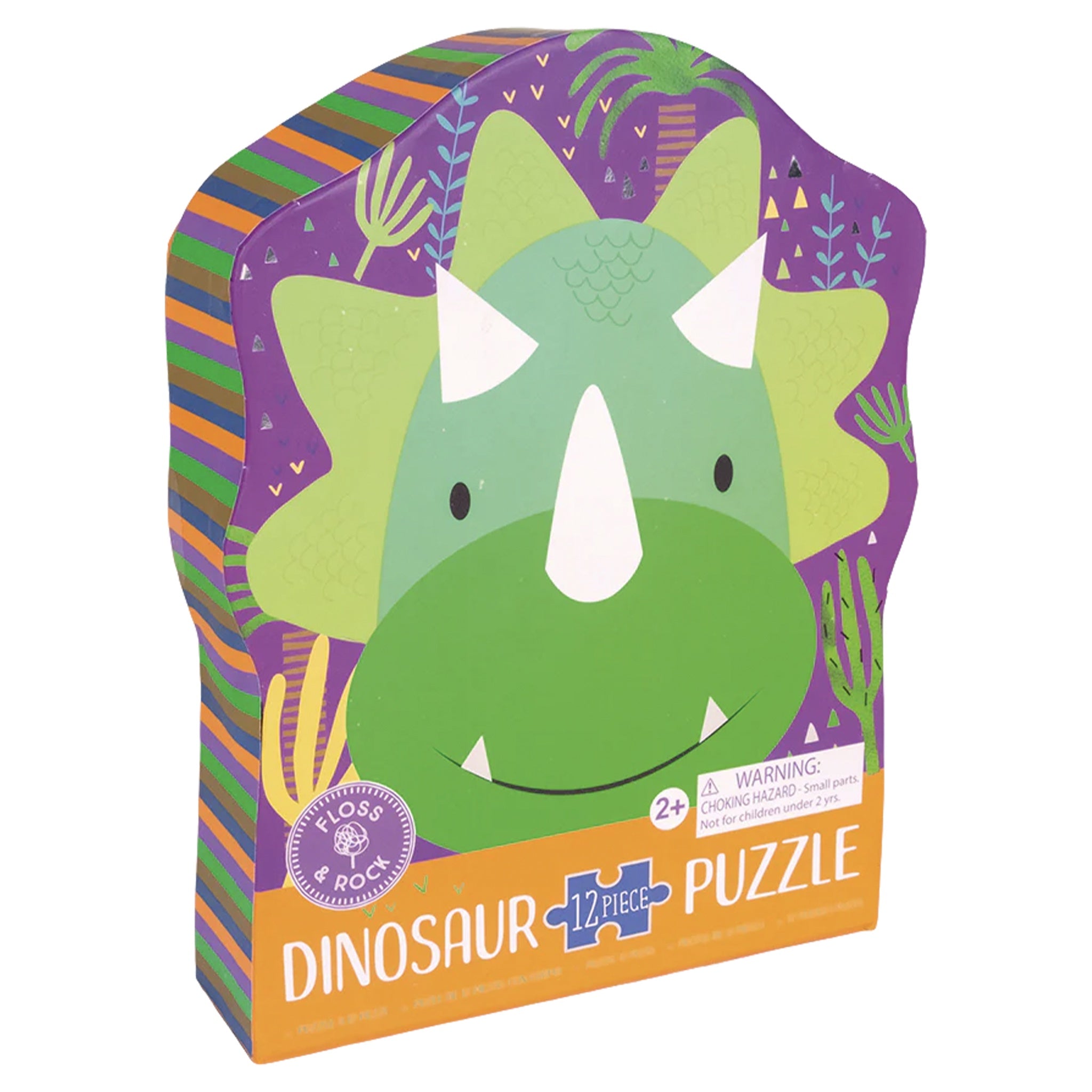 Dinosaur-themed puzzle packaging with a green dinosaur illustration on a purple background